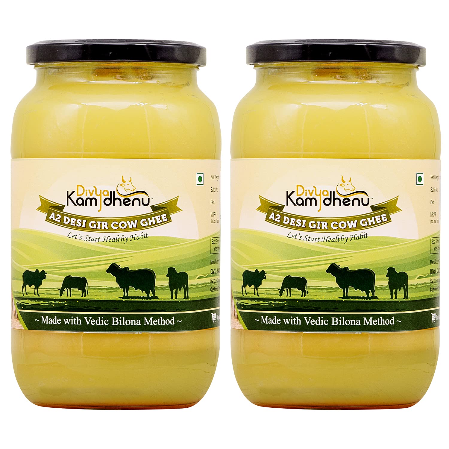 Gir Cow Ghee – Vedic Bilona Churned | A2 Ghee | 100% Grassfed & Cultured | Organic, Pure Desi Ghee for Immunity & Digestive Health | Divya Kamdhenu | Cultured Curd Ghee | 2,Litre combo pack (1+1 = 2 jars)