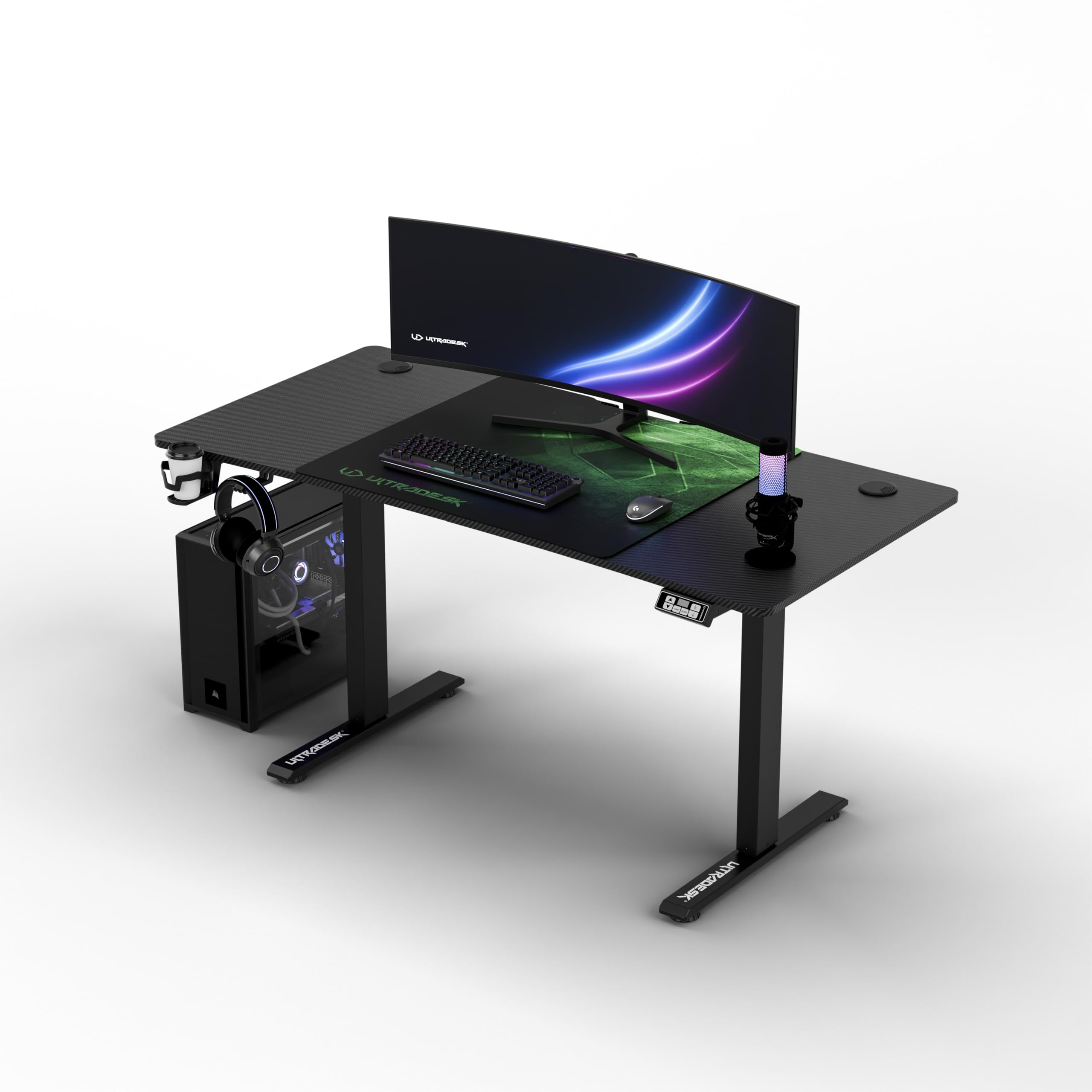 Ultradesk - Scrivania regolabile in altezza Level V2 - Scrivania elettrica per computer - 140x68 cm, per il gioco, il telelavoro - Set con tappetino per mouse XL - Nero, verde