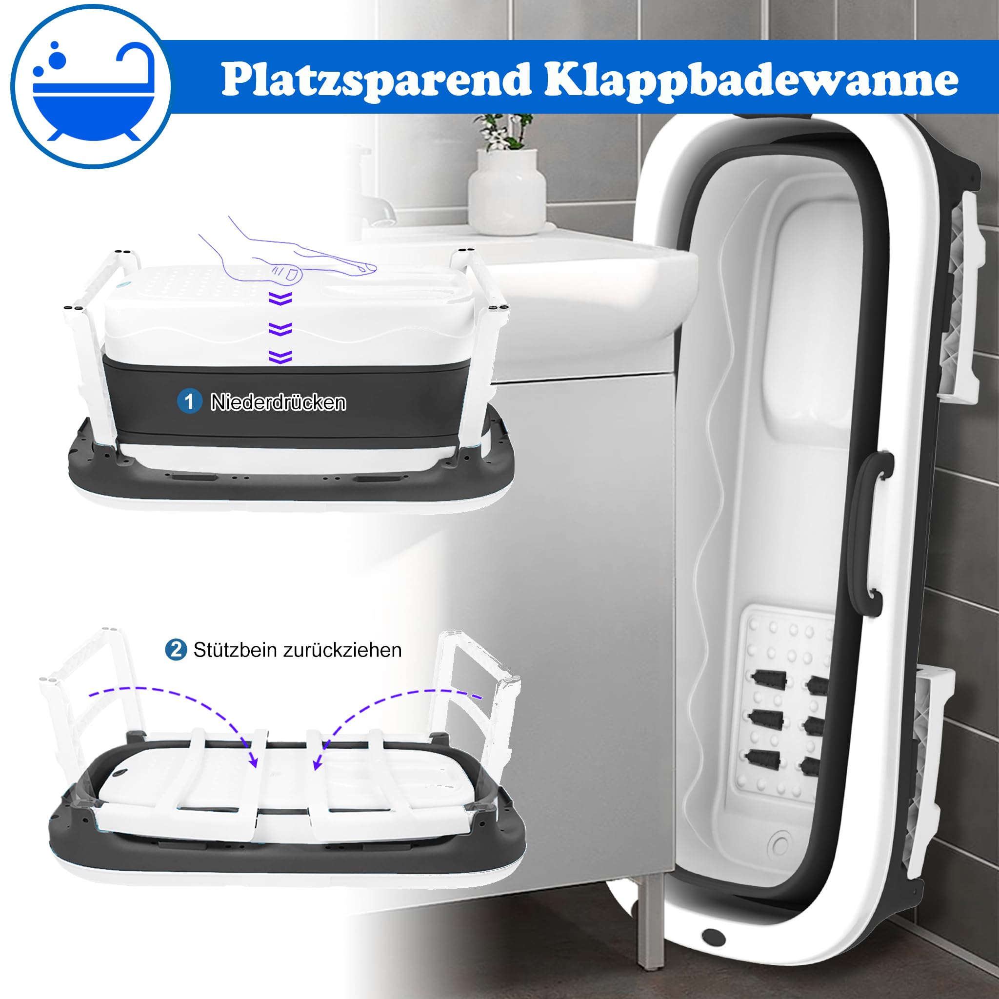 SUBTLETY Vasca da bagno pieghevole portatile per adulti, con copertura rimovibile, rullo per massaggi, cestino per sapone e manico, 138 x 62 x 52 cm, per piccoli bagni SPA (senza tappetino da bagno)