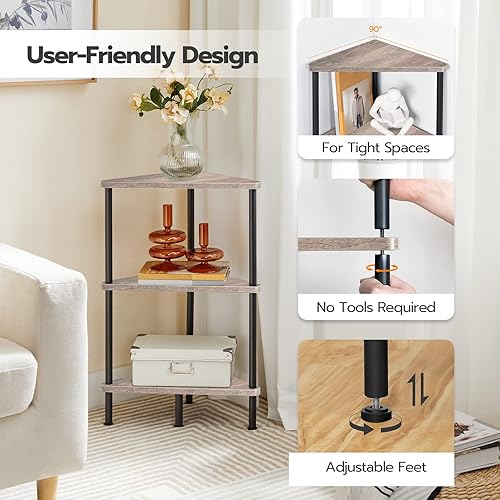 Miniatura 5 de HOOBRO Estante esquinero, estantería industrial de esquina de pared de 3 niveles con marco de metal, estante de exhibición de plantas, estantería