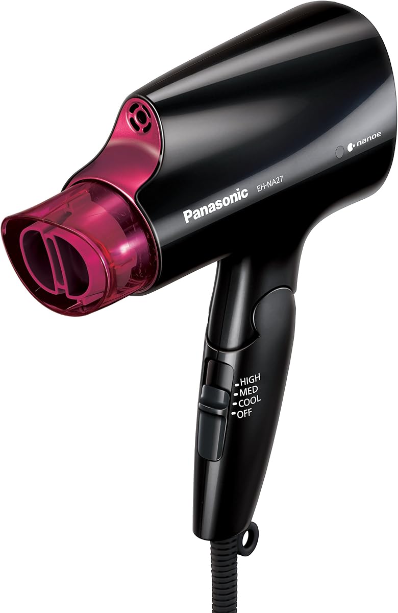 nanoe Compact Hair Dryer for Healthy-Looking Hair, 1400W Portable, Folding Handling and Quickdry Nozzle for Fast Drying – EH-NA27-K (Black/Pink)