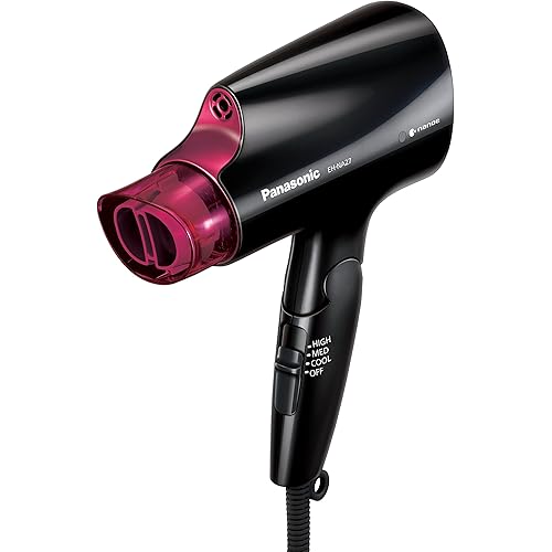Panasonic nanoe Compact Hair Dryer for Healthy-Looking Hair, 1400W Portable, Folding Handling and QuickDry Nozzle for Fast Drying – EH-NA27-K (Black/Pink)