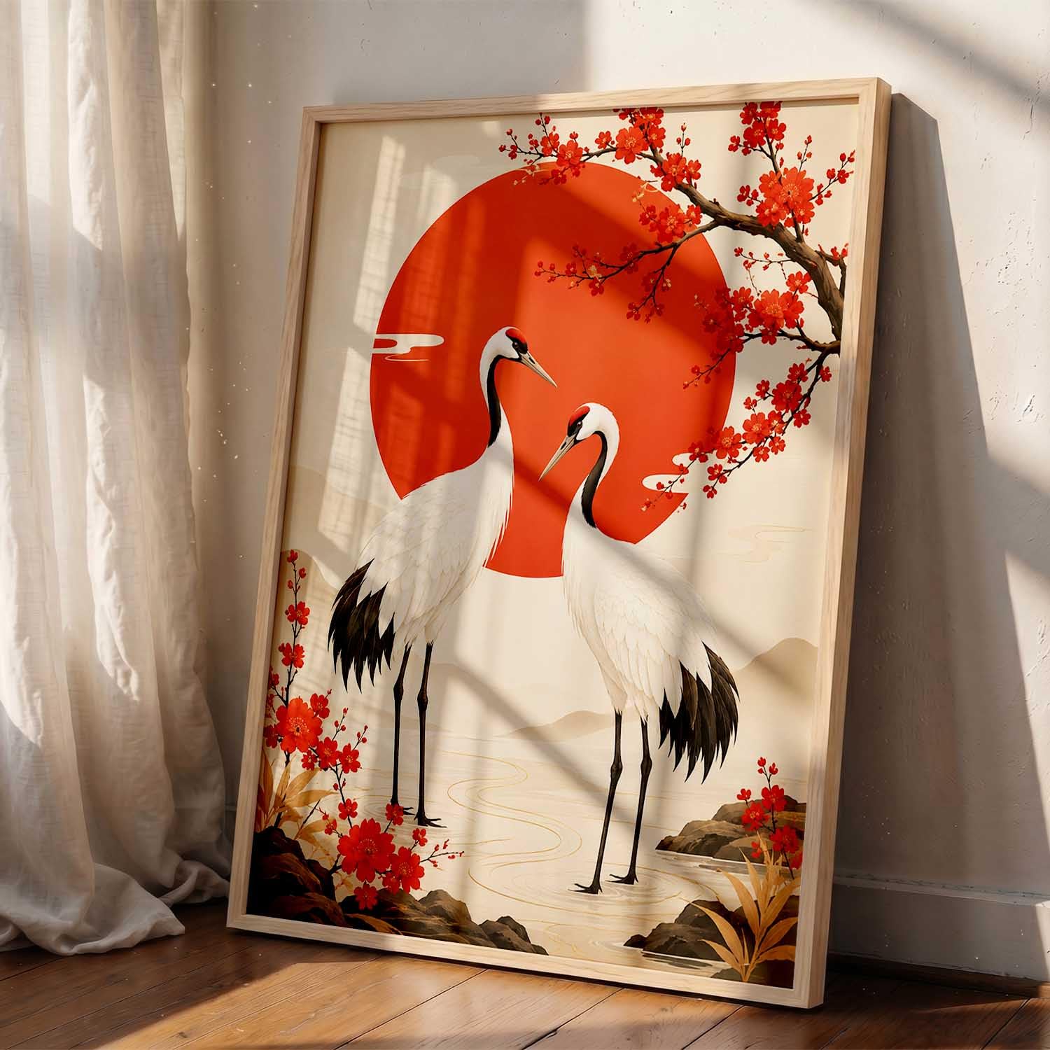 kotart Japanese Crane Wall Art Painting, Cherry Blossom Floral
