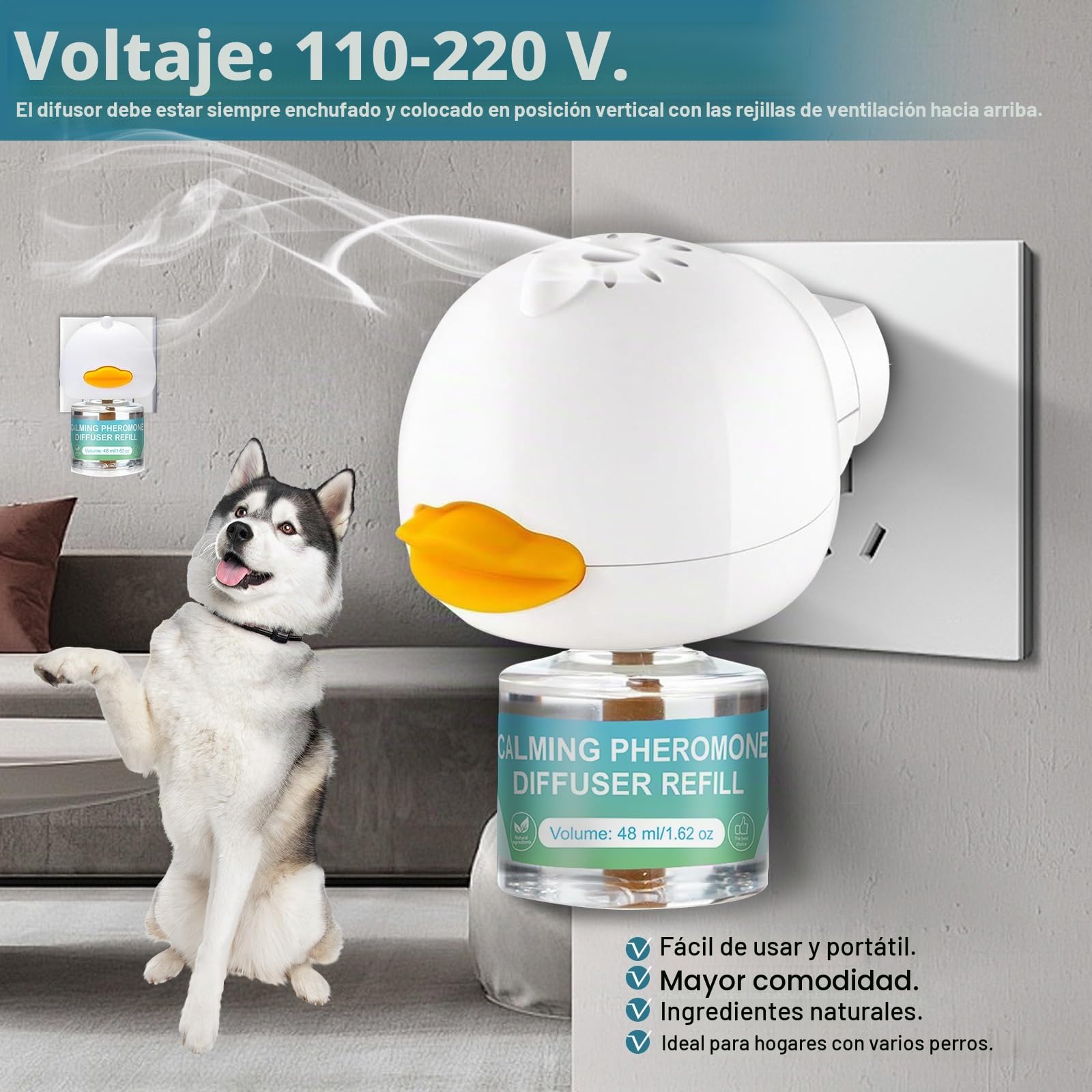 JJW Kit Difusor de Feromonas Calmantes para Perros - 1 Difusor + 4 Recargas de 48ml | Reduce Ansiedad, Estrés y Miedo | Efecto Calmante para Tormentas, Viajes y Entornos Nuevos (Azul, M)