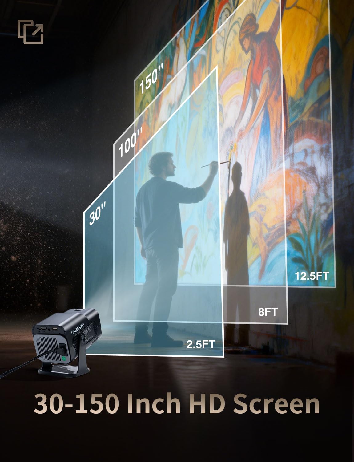 HY520 projektor artystyczny do rysowania, przenośny inteligentny projektor 720p dla dorosłych artystów, projektor obrazów do malowania na płótnie, 200 lumenów ANSI z WiFi i Bluetooth