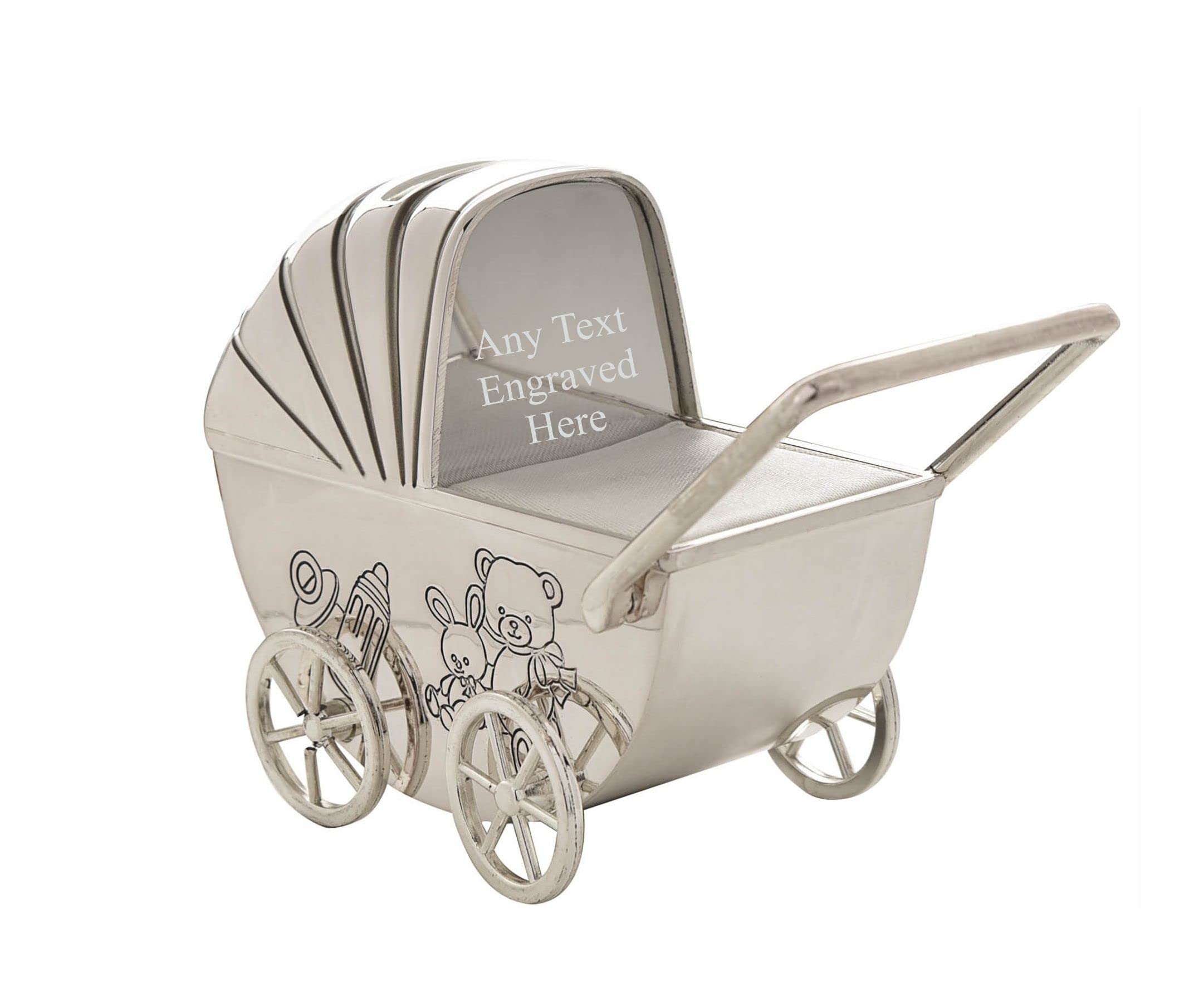 Silver [Custom] Personalised Engraved -Plated Pram Bank Money Box Christening / Birthday Gift