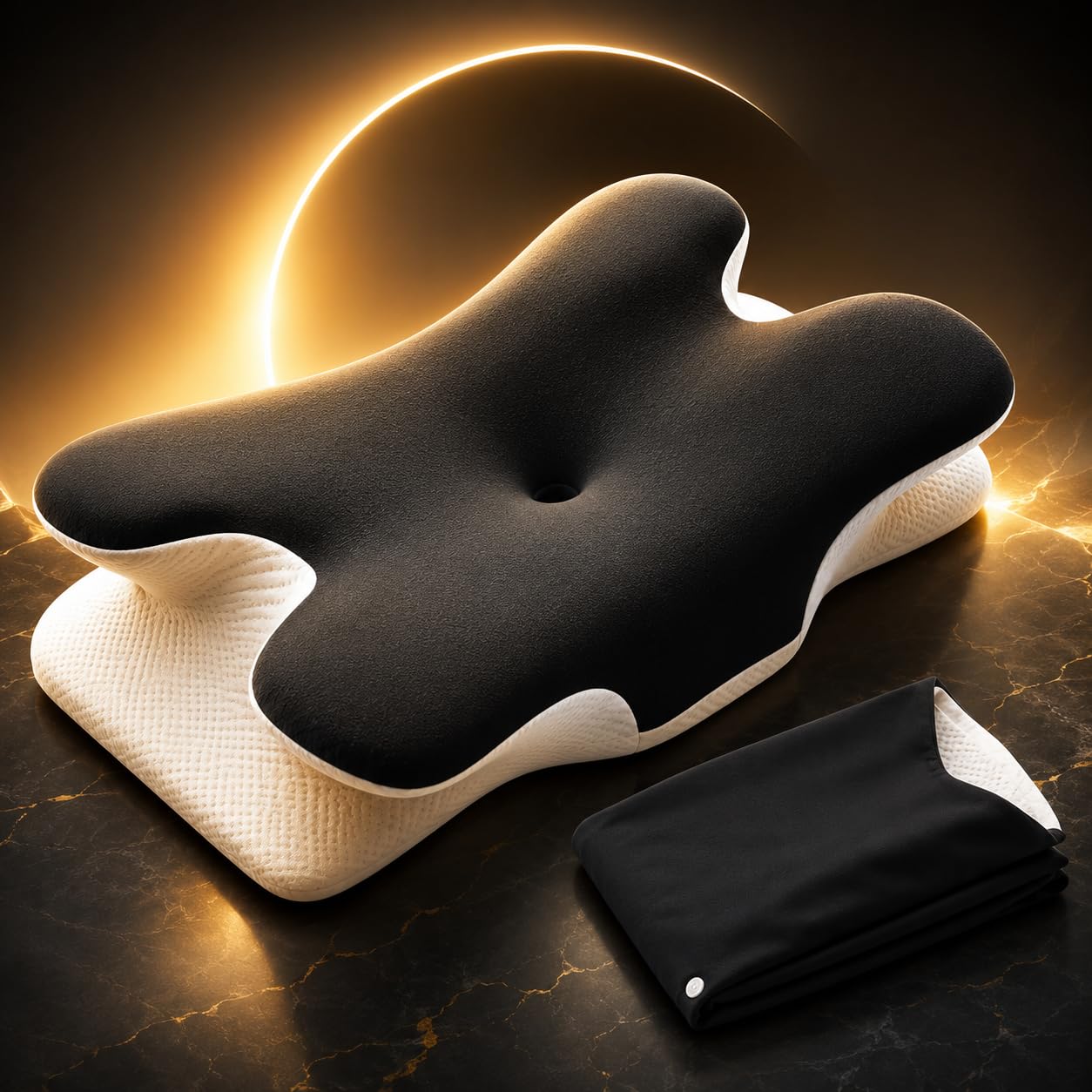 Almohada Cervical y Cuello Viscoelástica Doble Altura - Almohada Ergonómica para Dormir de Lado y Boca Arriba con Hueco para Brazos - Funda Refrescante + Recambio Lavable, Reversible