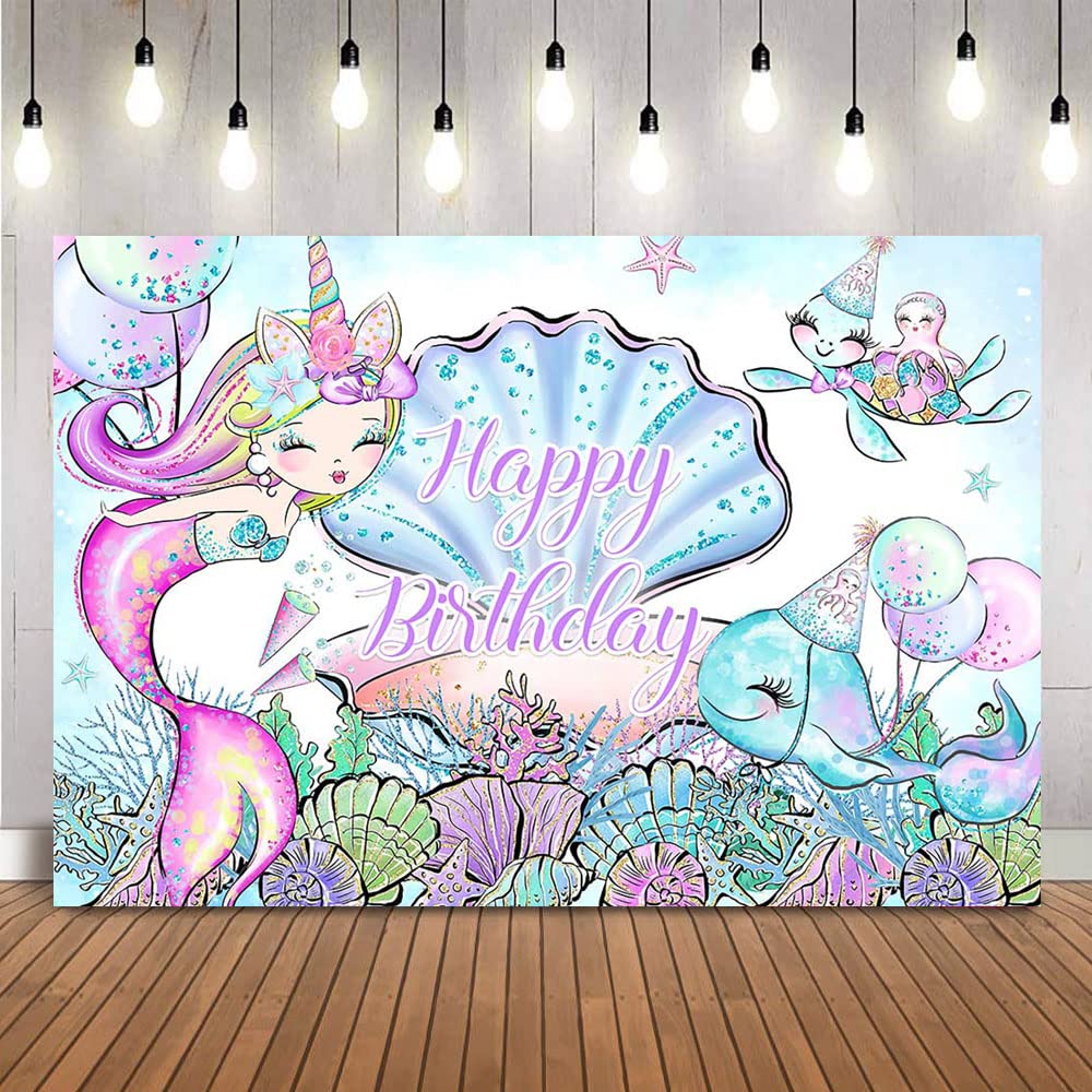 Mermaid Birthday Background Unicorn Mermaid Party Decorations Backdrop Under The Sea Happy Birthday Decoration Banner Supplies (7x5ft)