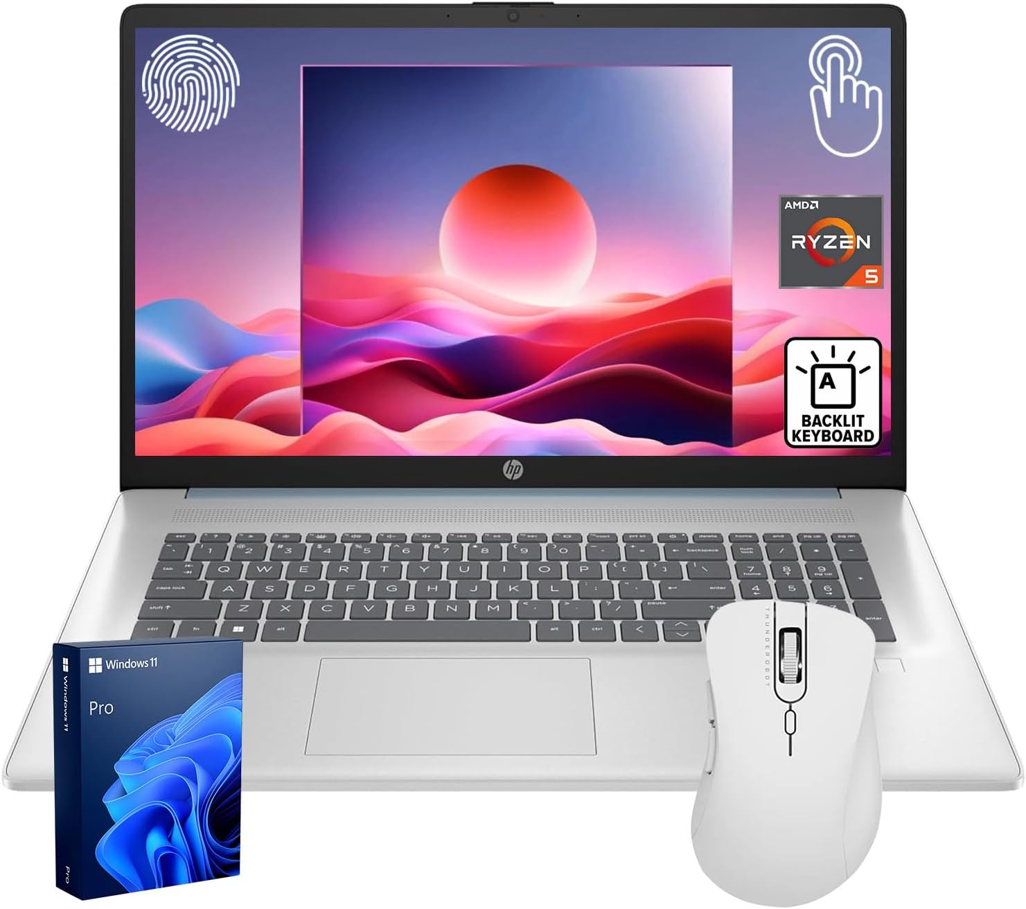 HP Essential 17.3" HD+ Touchscreen Laptop, AMD Ryzen 5 7430U, 32GB RAM, 1TB SSD, Backlit KB, Fingerprint Reader, Webcam, HDMI, Wi-Fi 6, Windows 11 Home, Bundle with Thunderobot ML101 Wireless Mouse