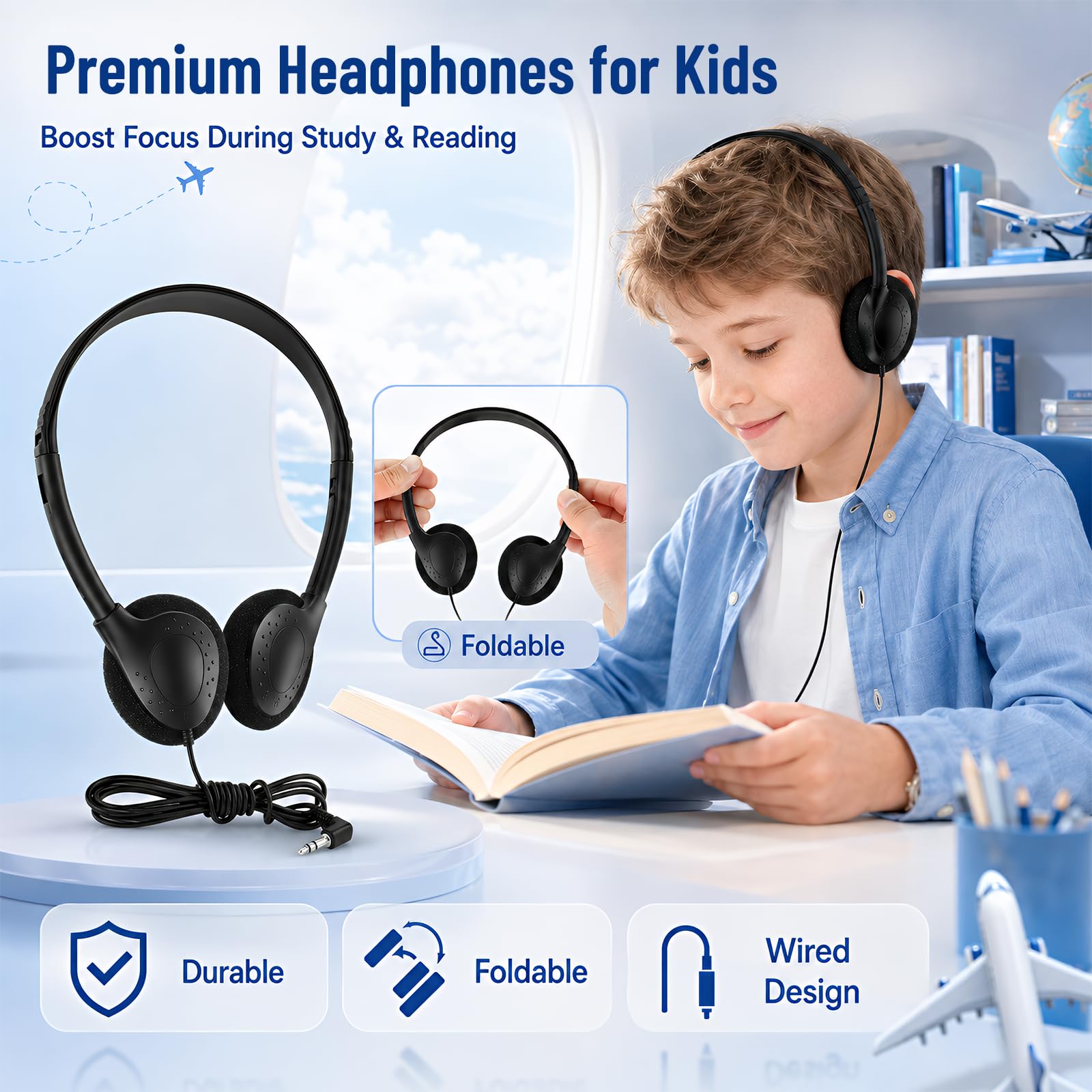 Set 20 Cuffie Scuola Bambini, Cablate con Jack 3,5mm, Pieghevoli | Set da 20, archetto ultra-flessibile infrangibile, regolabile, cavo robusto 1,2m, jack a L 3,5mm. Ideale per aule e PC