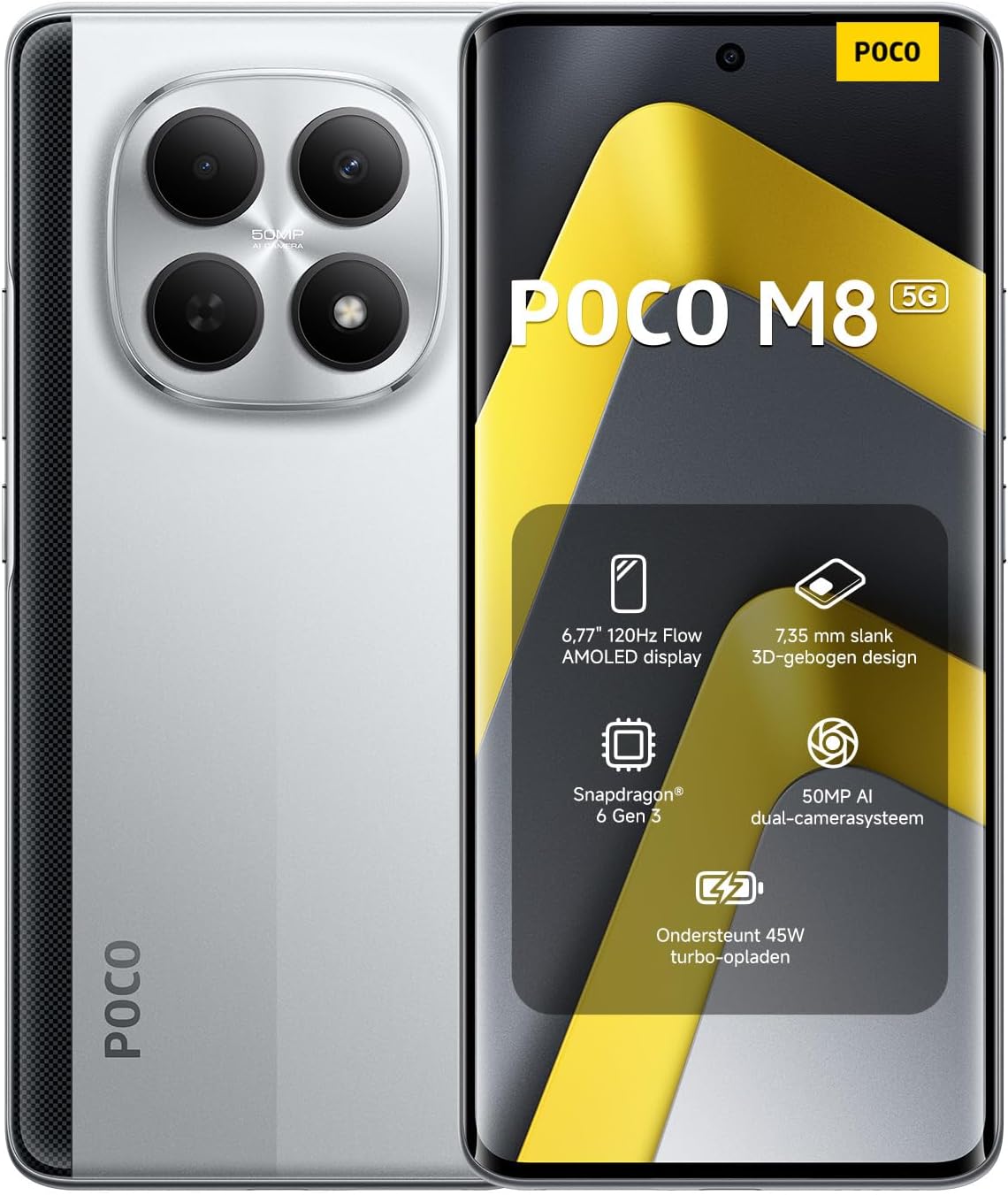 XIAOMI Poco M8 5G Ai (Compatible with Tmobile Mint Tello & Global) (256GB + 8GB) 50MP Dual Camera NFC 6.77" 144Hz Octa Core Unlocked Dual Sim Model 25118PC98G Liberado (Silver)