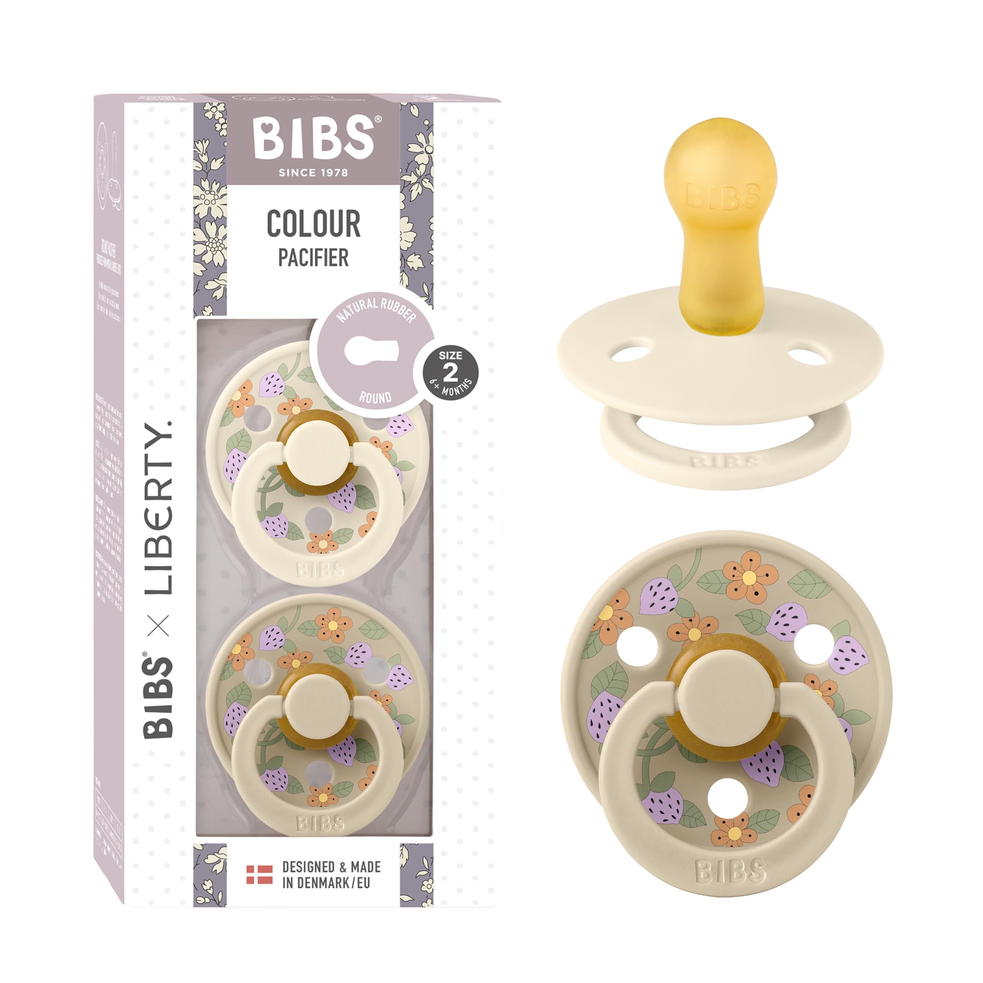 BIBS Liberty Dummies | 2 Colour Natural Rubber Latex Soothers | BPA Free Dummy | Round Nipple Pacifier | Designed & Made in Denmark | Strawberries and Cream Ivory Mix | Size 2 | 6+ Months