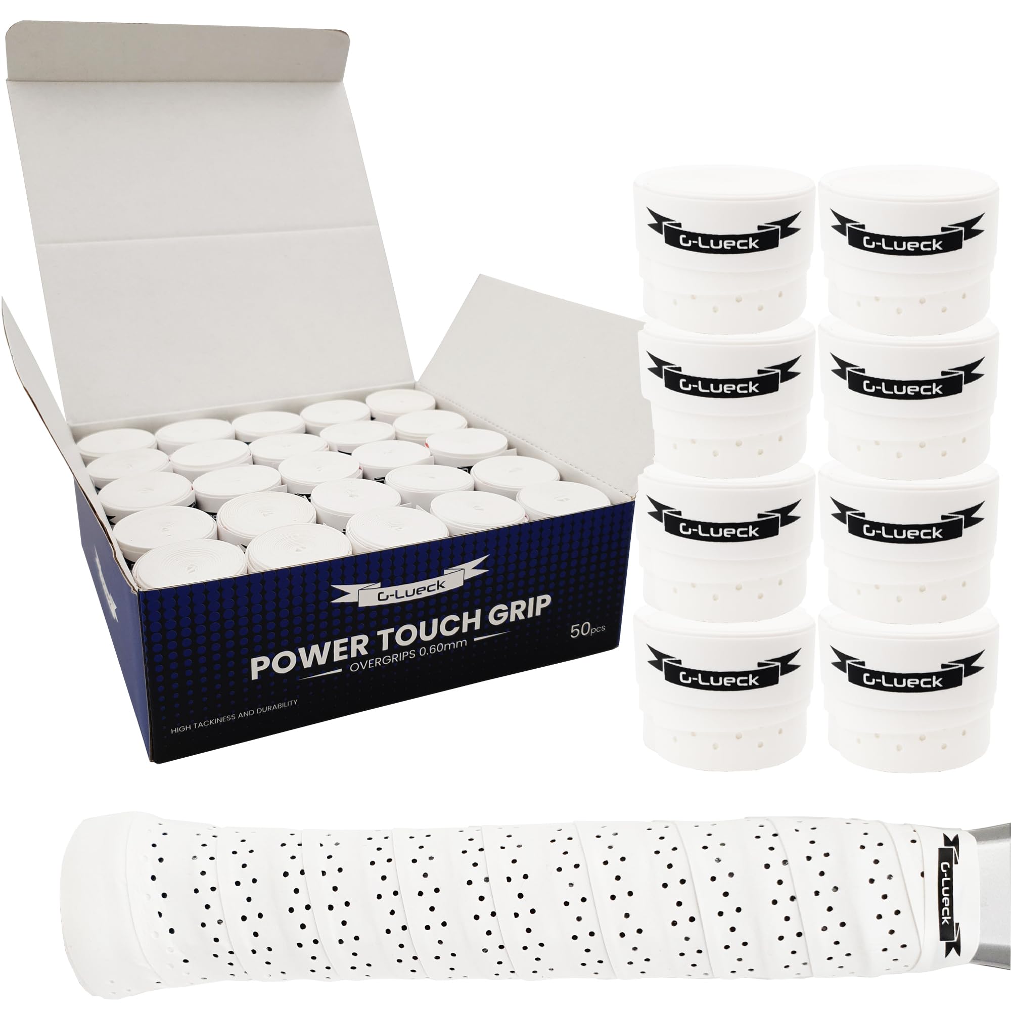 G-Lueck Set da 50 Tennis Premium Overgrip Power Touch con perforazione, presa elevata, lunga durata, 0,60 mm di spessore, nastro per impugnatura per padel, squash, badminton, traforato