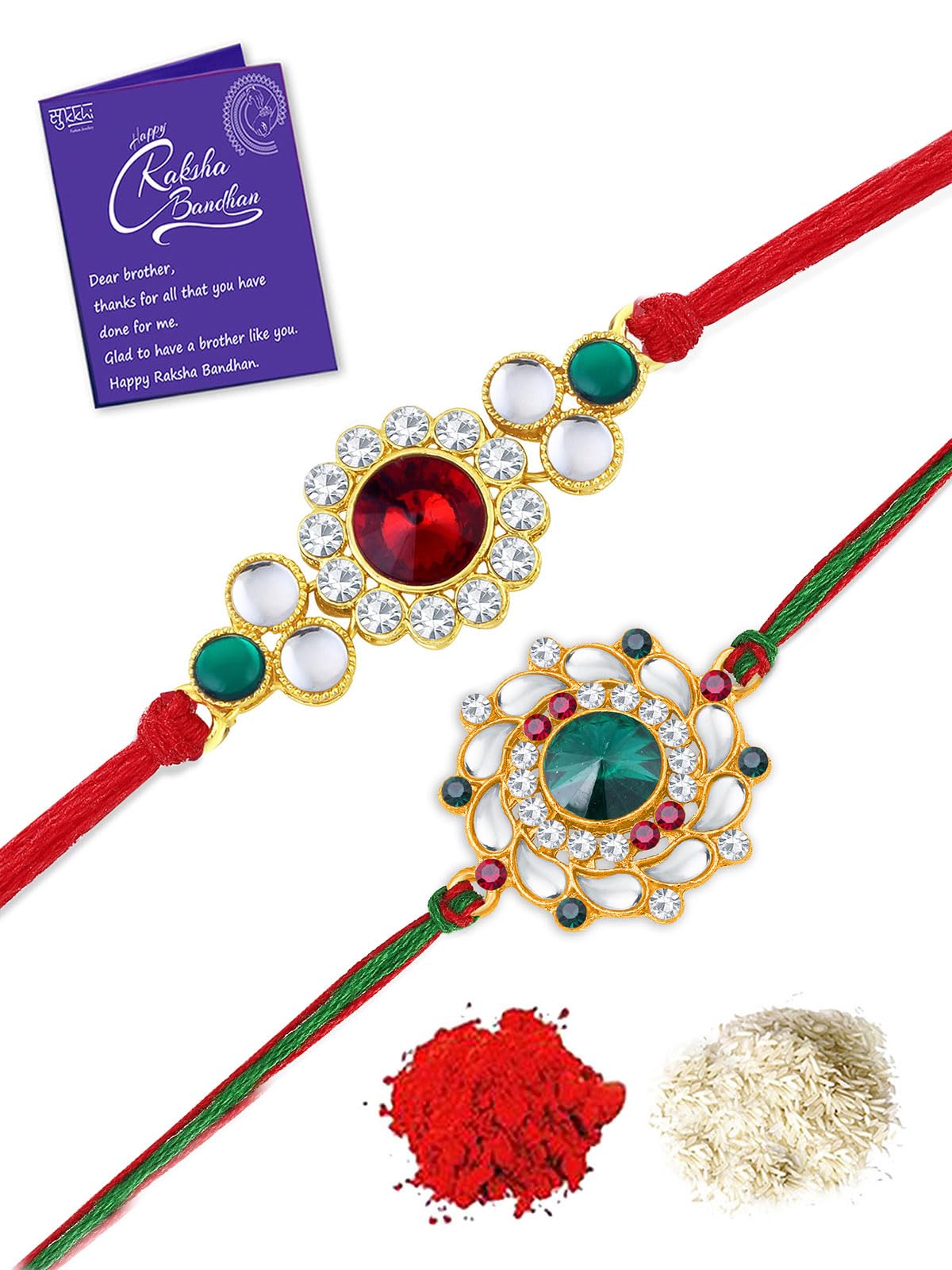 Sukkhi Rakhi Attractive Kundan Rakhi Combo & Designer Gold Plated Premium Rakhi for Brother, Roli Chawal & Greeting Card|Rakhi for Bhaiya|Rakhi for MEN|Kundan Rakhi|Rakhi Combo-Set of 2 |CBRAK105020 (B0C7W1986D) Amazon Price History, Amazon Price Tracker