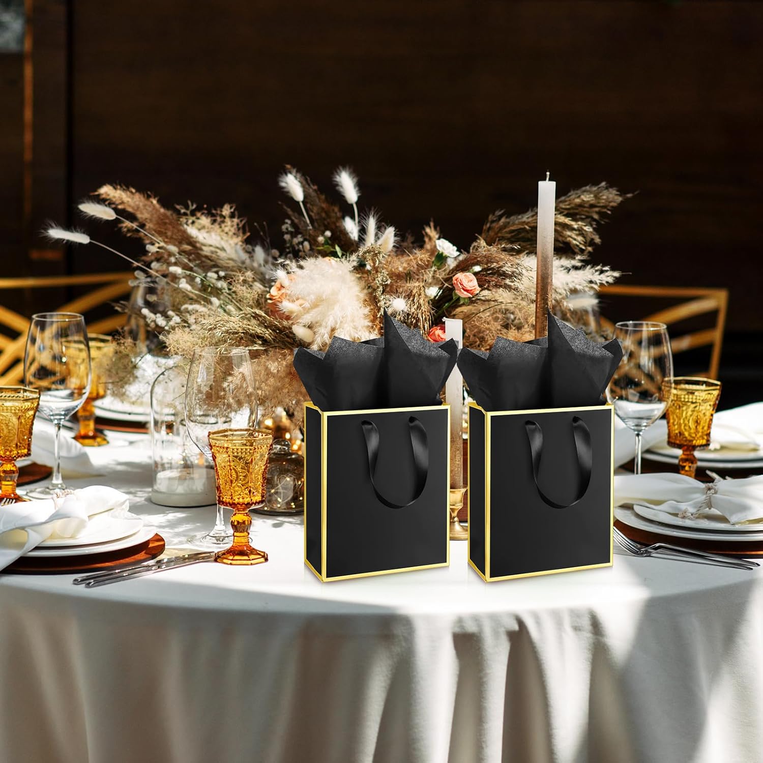 Yeaqee 10 Pack Metallic Paper Gift Bags with Handles Tissue Paper Thank You 5 Senses Gift Bag for Birthday Wedding Baby Shower Groomsmen Bridal Anniversary Favor 9 x 7 x 3.15''(Black, Gold) - Image 7