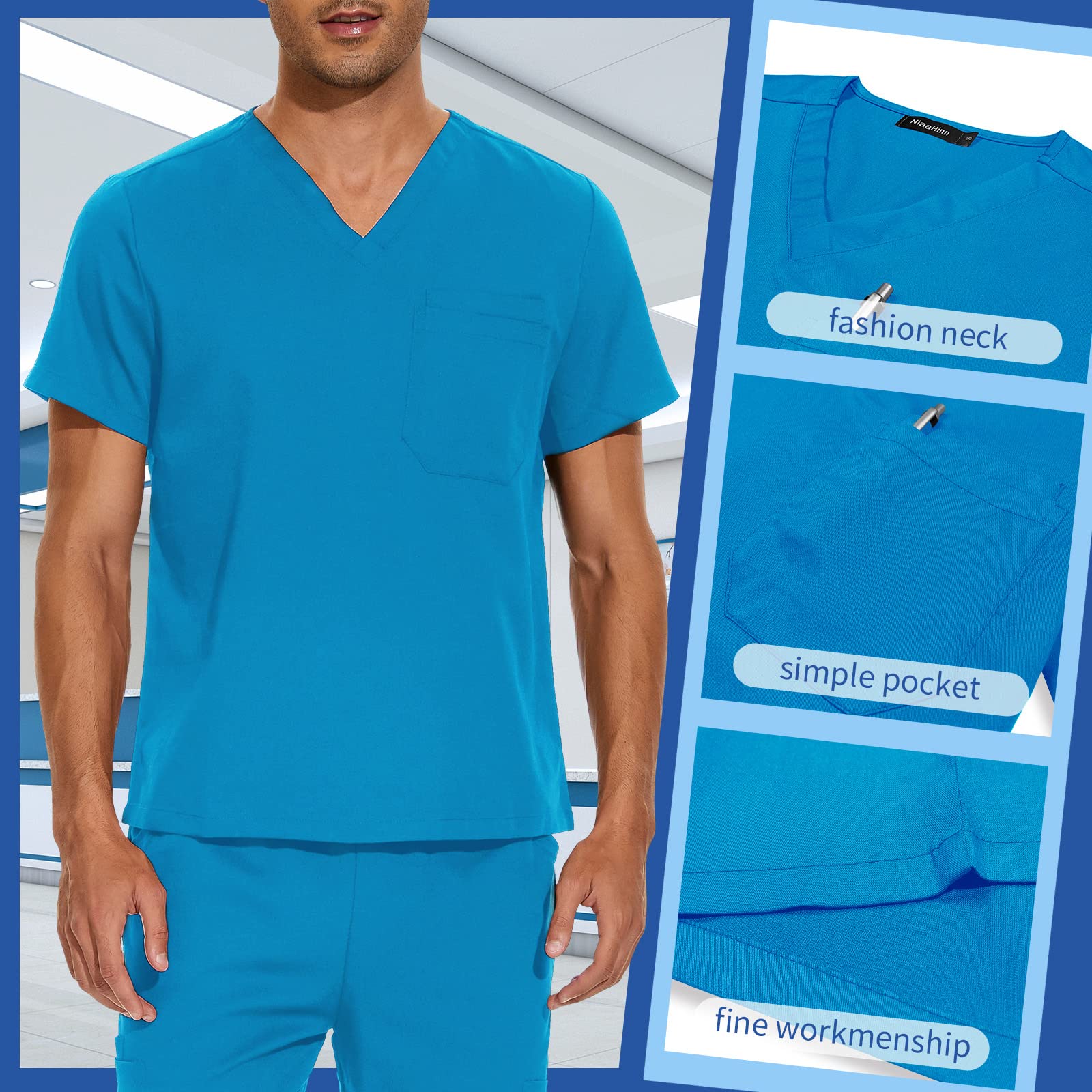 niaahinn Scrub Set Men and Women Medical Uniform Unisex Workwear Classic Top & Pant (Blue, M)