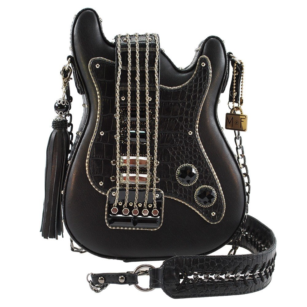 MARY FRANCES Women's Turn It Up Beaded Crossbody Guitar Shaped Handbag, Black, One Size