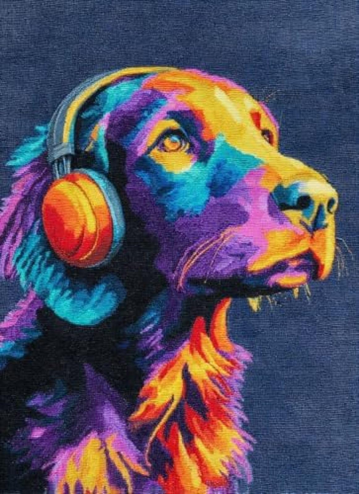 XDEGHUANGSS Latch Hook Rug Kit Flat-Coated Retriever Puppy Wear Headphone Cushion Cover DIY Craft Set Pre-Printed Mat 38x52cm for Home Decor