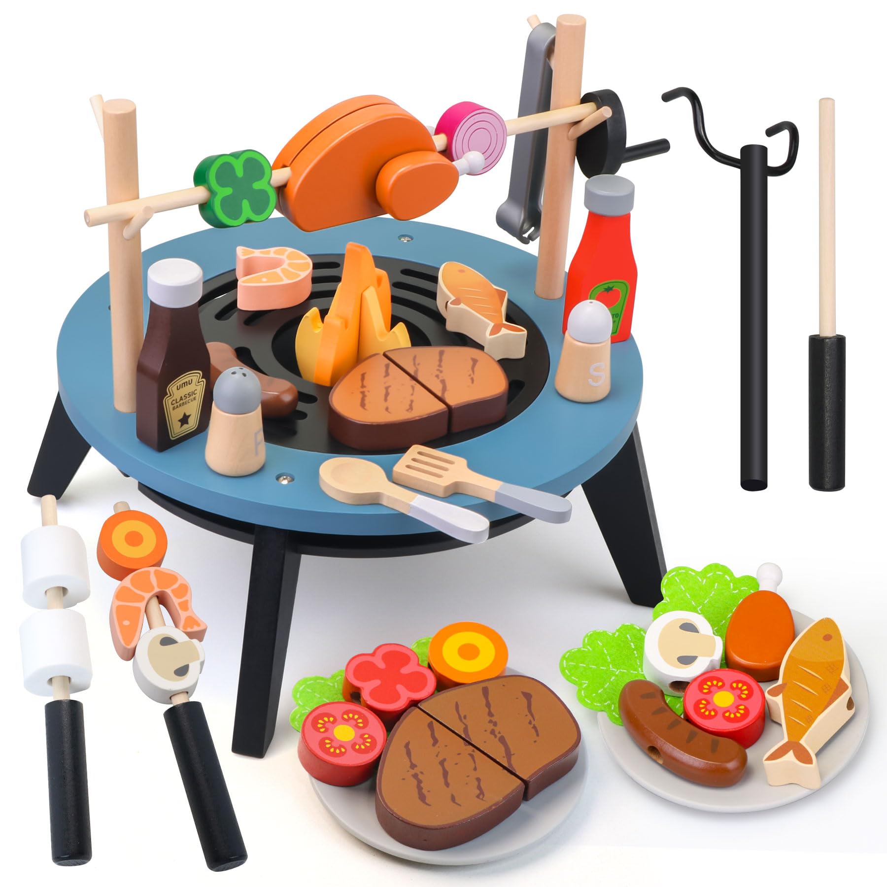 Wooden Play Barbecue Toy Gril,45PCS Kids Grill Playset with Rotating Skewering Mode,Pretend Cooking Kitchen Playset Grill Toy Birthday Gift for Boys&Girls 3+