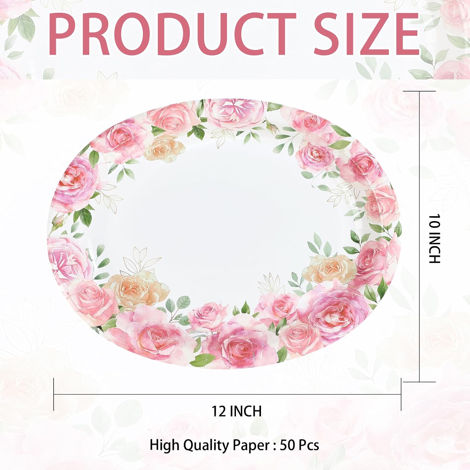 50Pcs Floral Paper Plates 10"x12" Large Disposable Pink Rose Heavy Duty Paper Platters Pink Flower Spring Theme Dessert Plates for Mother's Day Wedding Bridal Baby Shower Birthday Tea Party Supplies