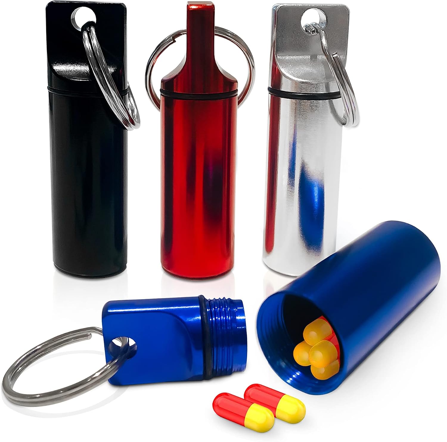 Keychain Pill Holder, Pack of 4, Pocket/Purse Pill Case Made from Aluminium, Waterproof Keychain Medicine Container, Pill Bottle for Better Organization – Takwiz (4 Piece Set)