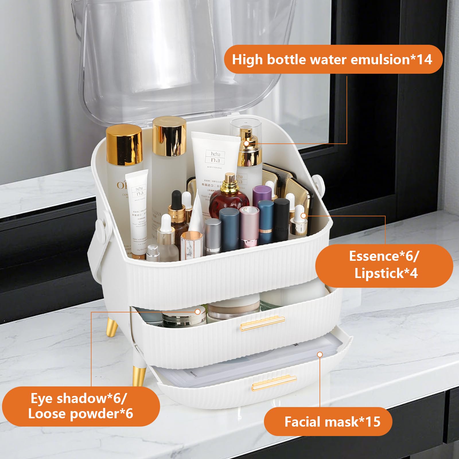 Romicta Organizzatore Cosmetici, Scatola per Makeup con 3 Cassetti e Porta Pennelli, Contenitore Trucco con Coperchio a Prova di Polvere e Acqua, Ideale per Tavolo da Trucco e Bagno (Bianco)