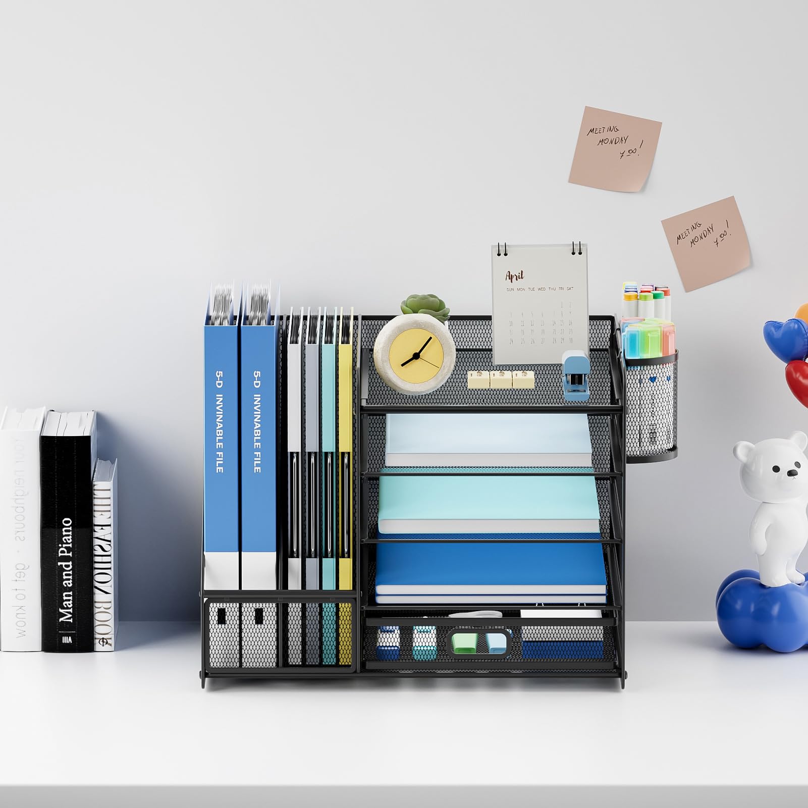 Lavatino Organizer na biurko z uchwytem na dokumenty, 5-poziomowy organizer na dokumenty z przesuwaną szufladą i 2 uchwytami na długopisy, siatkowy organizer na dokumenty na biurko do materiałów biurowych (czarny)