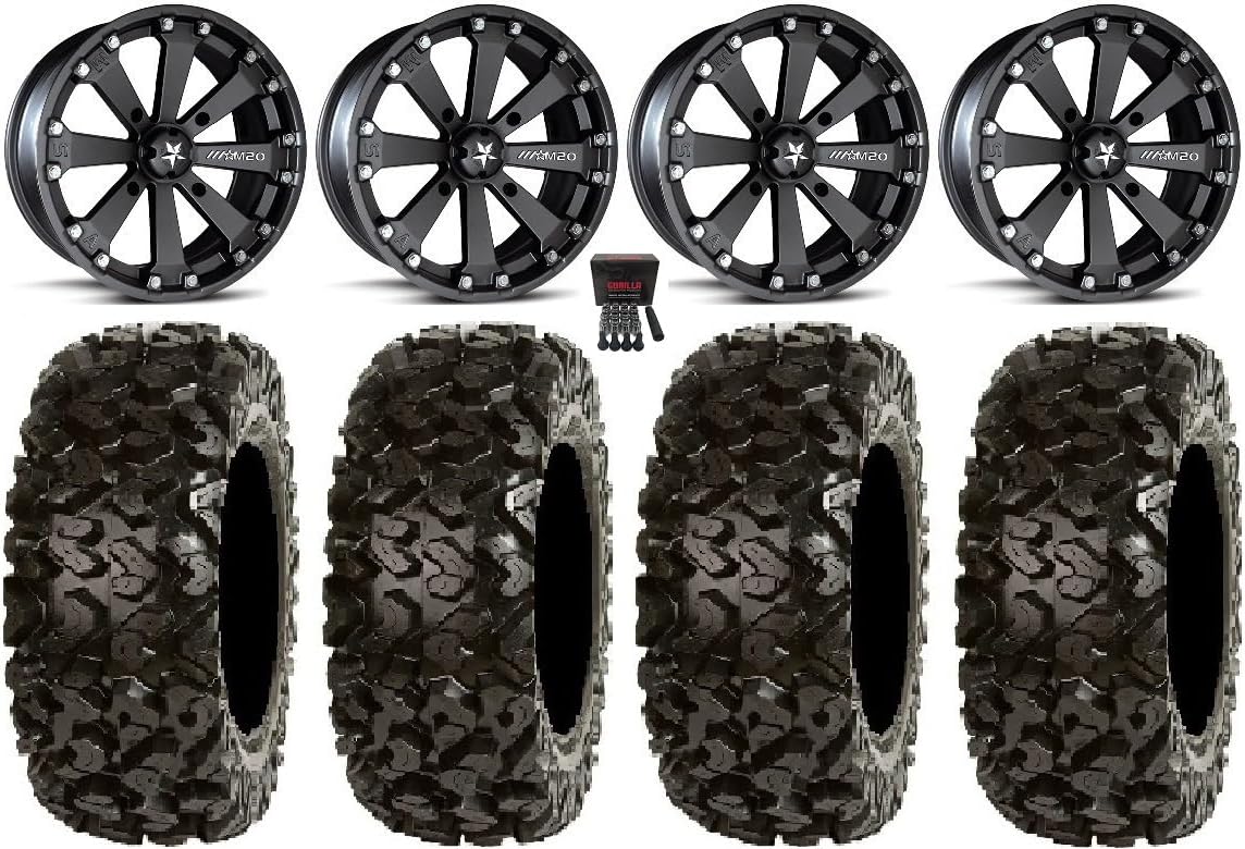 Bundle - 9 Items: MSA Black Kore 14" ATV Wheels 26" Rip Saw Tires [4x110 Bolt Pattern 10mmx1.25 Lug Kit]