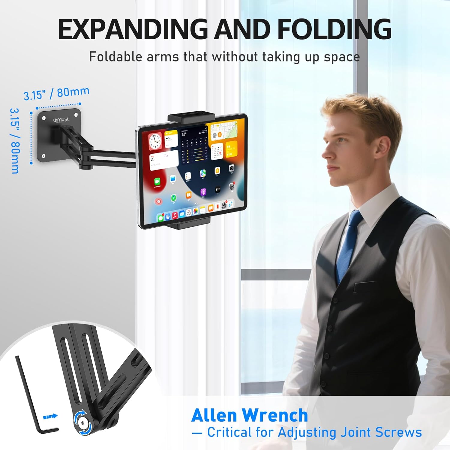 Urmust Tablet Wall Mount Holder for iPad, 360°Rotation Adjustable Tablet Stand Holder with Aluminum Extendable Arm, for iPad mini/Air/Pro/Galaxy Tab/Kindle, All 4.7-13" Phones & Tablets