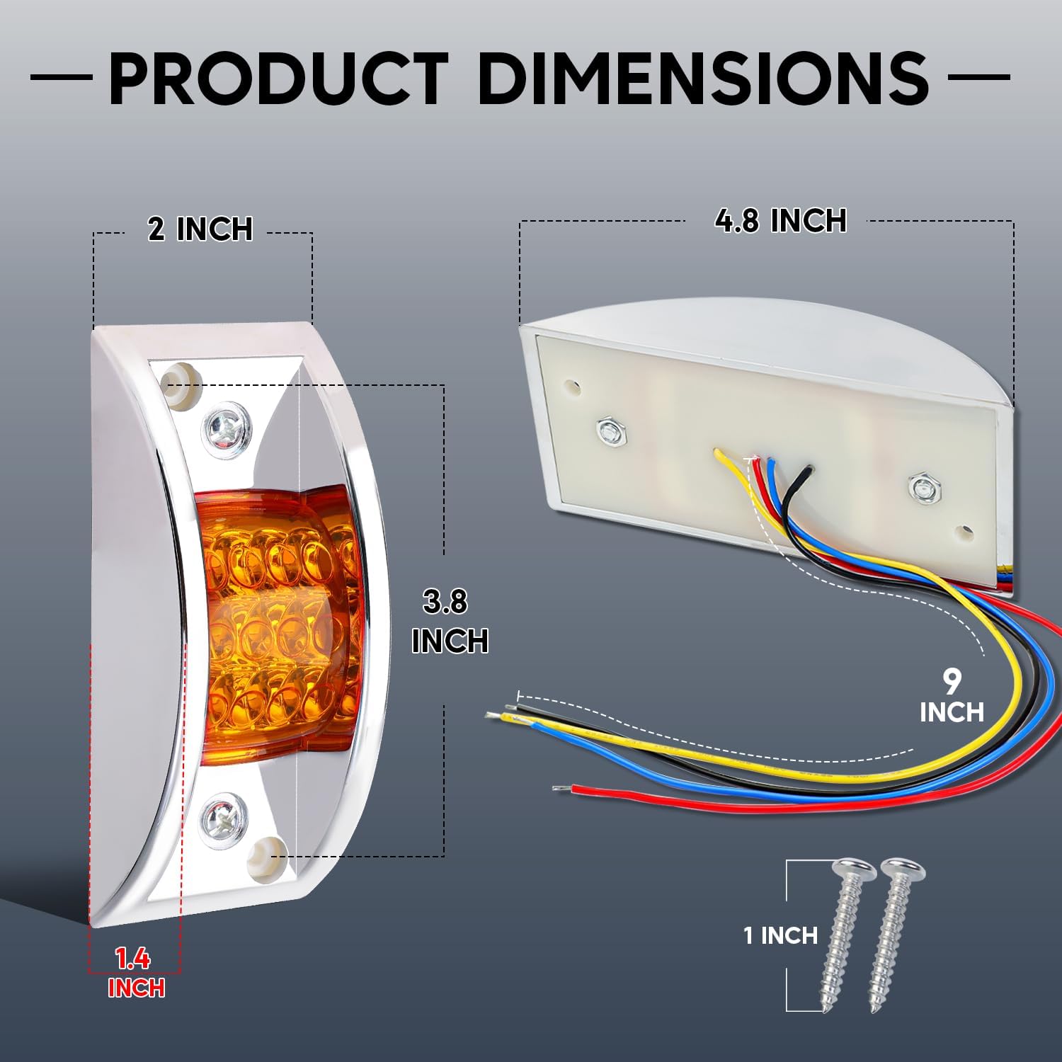 Sealed Chrome Armored - 4 Amber + 4 Red LED (Low/High/Strobe) Trailer Clearance, Side Marker Light 12LED Rectangle Led, Surface Mount Led Lights (Pack of 8)
