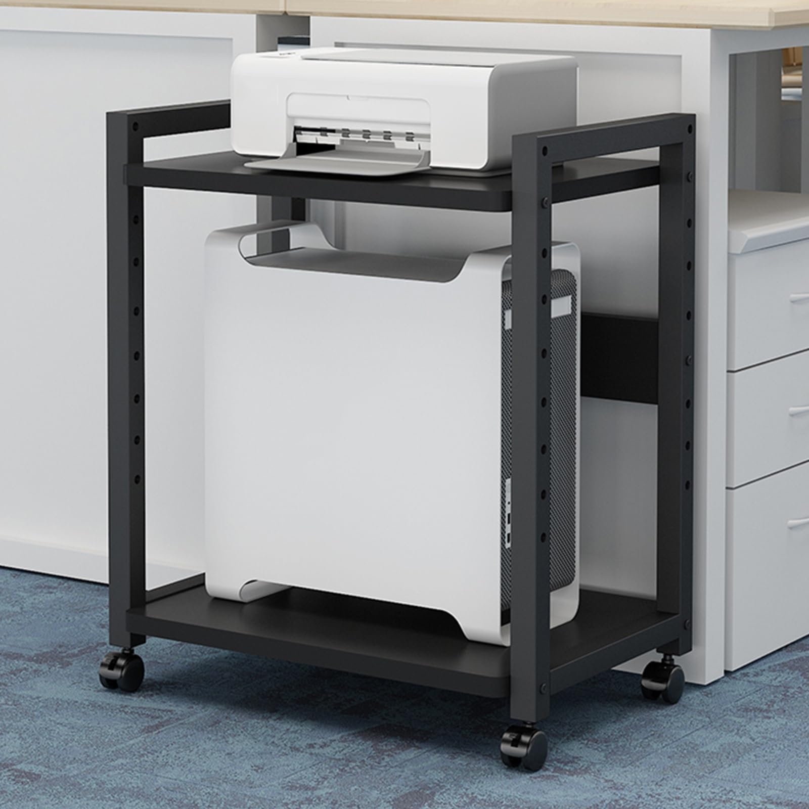 Tavolo per stampante regolabile in altezza con rotelle – Supporto per computer a 2 livelli per CPU, trituratore e PC portatile – ideale per casa, ufficio e gioco