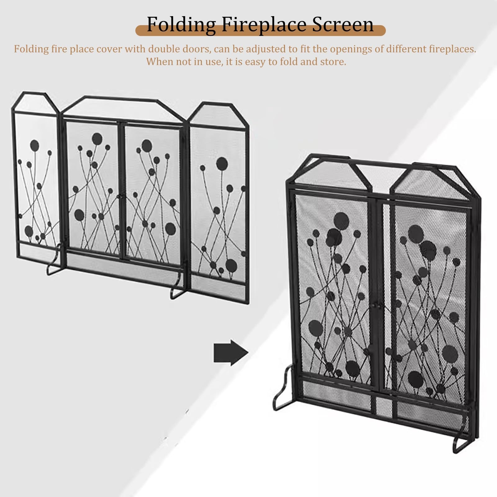 Salvachispas Chimenea Mampara de Chimenea Plegable de 3 Paneles con Puertas Dobles, Malla Protectora Negra para Estufa de Leña para El Hogar, Cubierta Moderna con Bisagras y Puerta a Prueba de Chispas