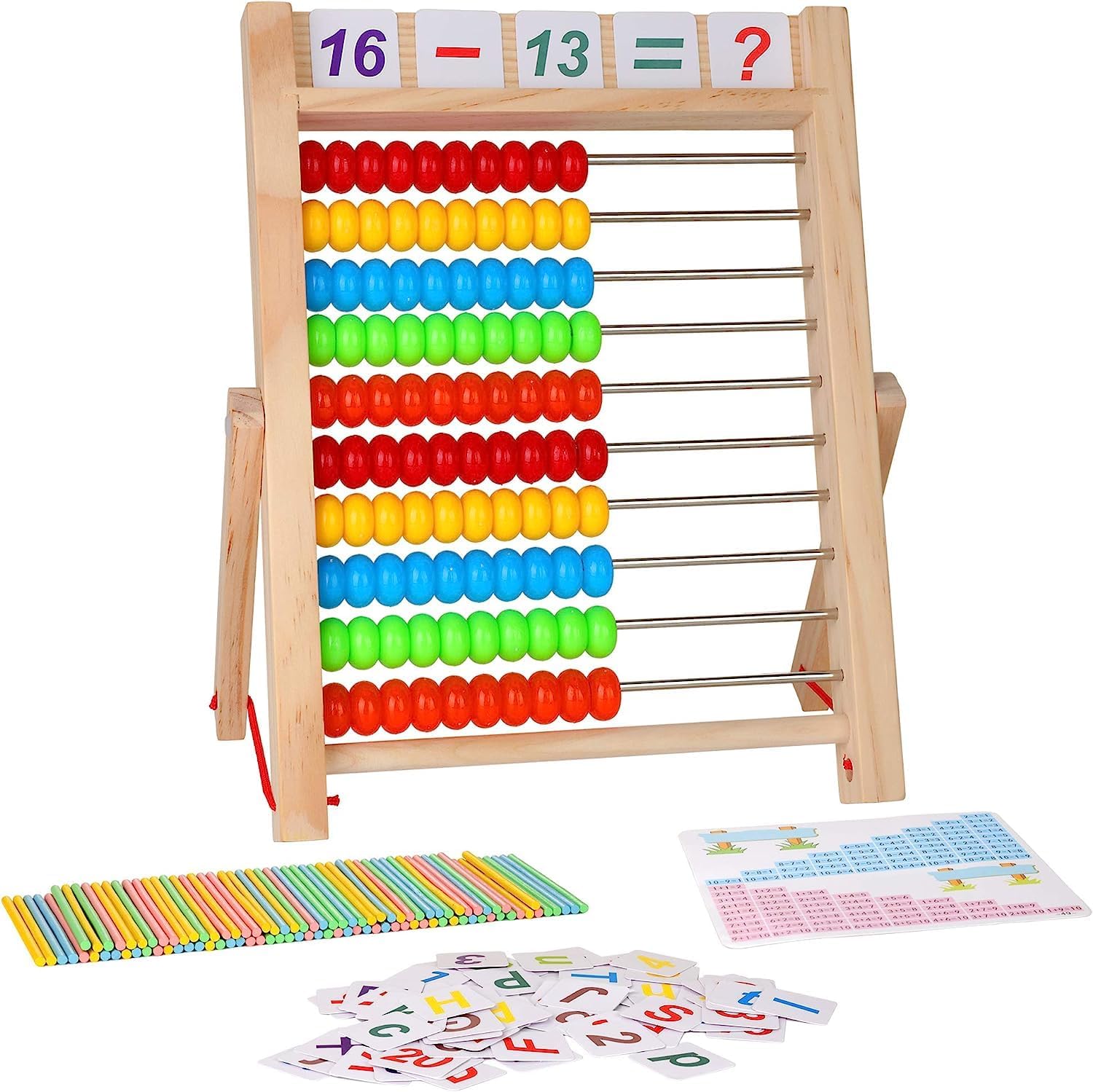 Preschool Math Learning Toy,10-Row Wooden Frame Abacus with Multi-Color Beads, Counting Sticks, Number Alphabet Cards, Gift for 2 3 4 5 6 Years Old Toddlers Boys Girls