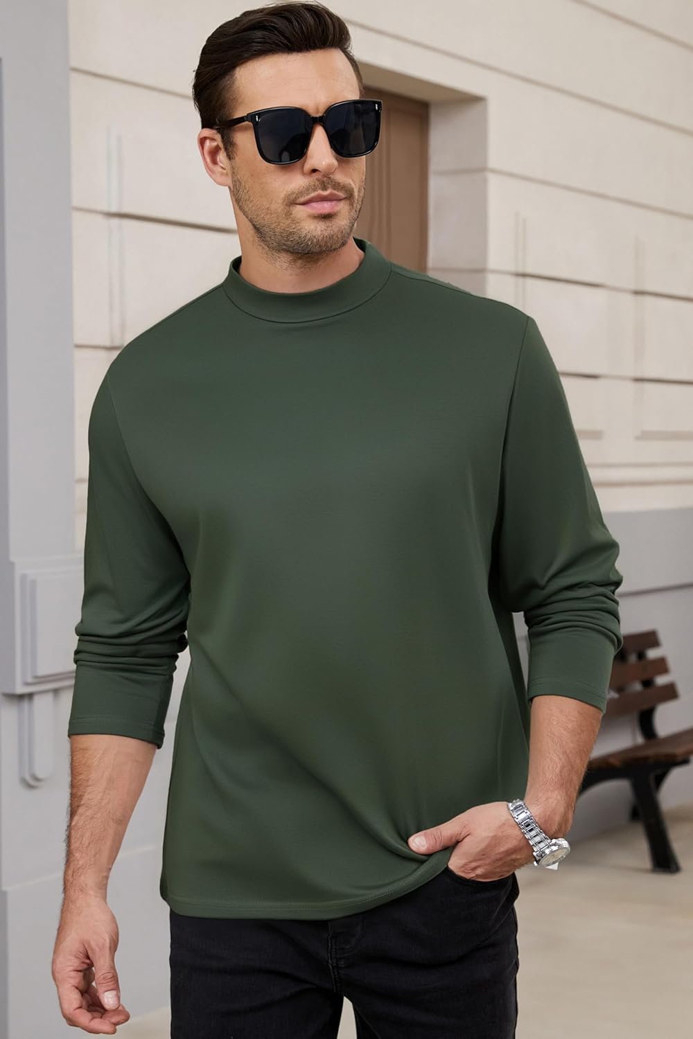 Men's Casual Cotton Mock Turtleneck Long Sleeve T-Shirts Solid Pullover Basic Lightweight Tee Tops - Image 2