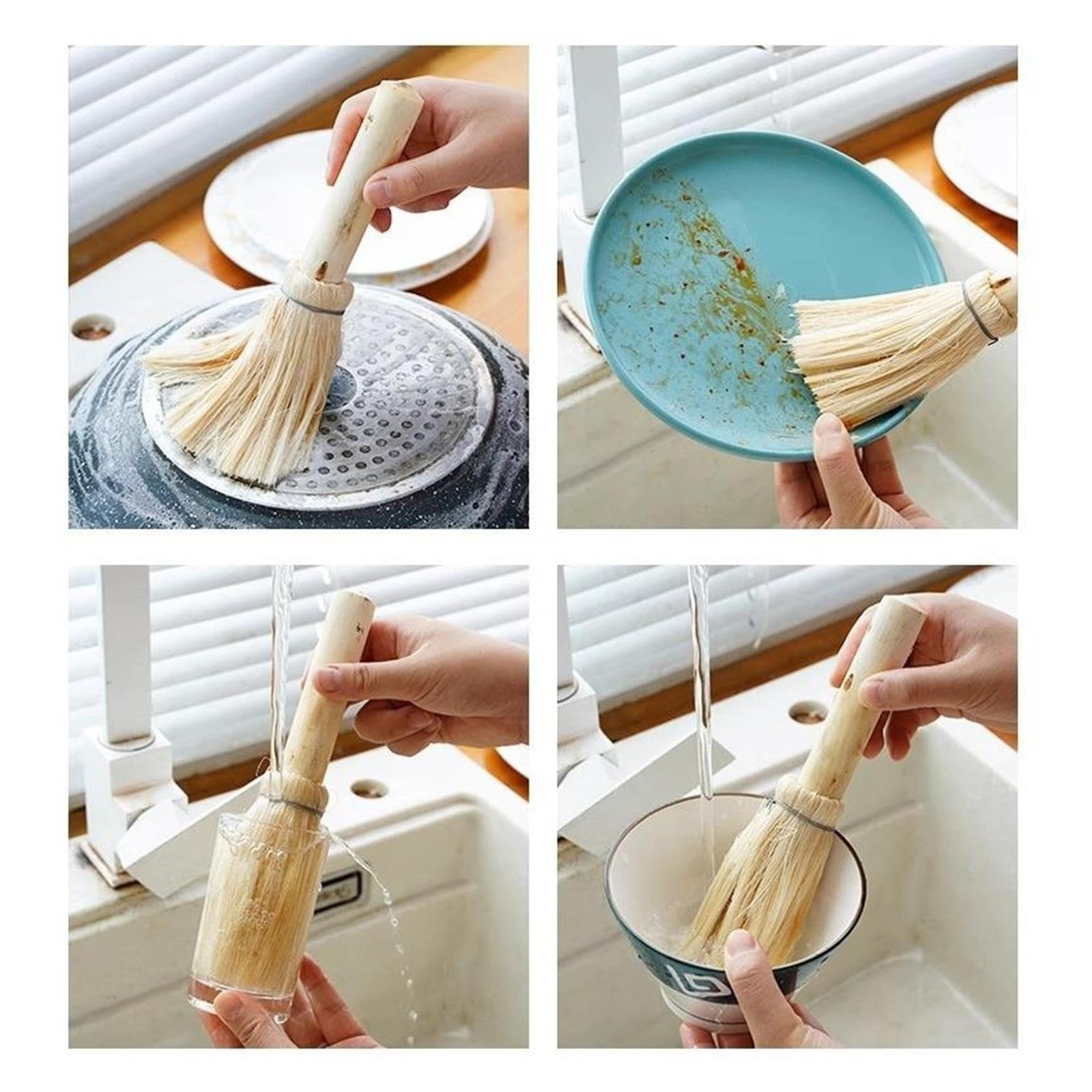 6pcs coconut palm silk wooden handle cleaning brush Per Pentole