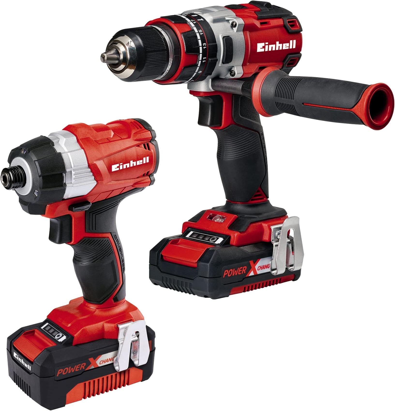 Einhell 4257216 Combi Drill and Impact Driver Power X-Change 4.0 Ah Brushless Kit, Including Storage Bag, Battery and Charger - TE-CD 18 Li-i Plus TE-CI 18 Li, Red