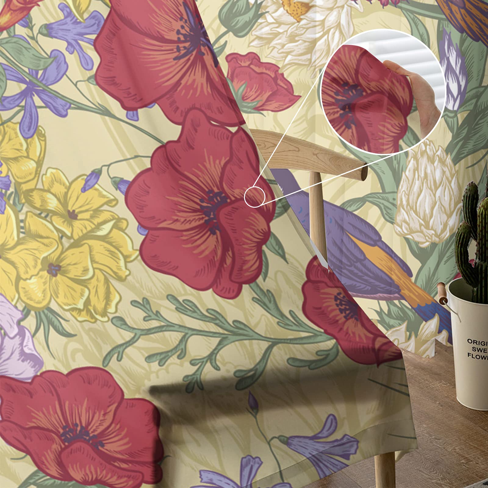 Ogród Vintage Kwiat Ptak Motyl Zasłony Okno Sypialnia Nowoczesna Zasłona Sheer Tiul Falbany Salon Kuchnia Zasłona Woal - HZF02816, Szer. 135 x Wys. 137 cm x 2