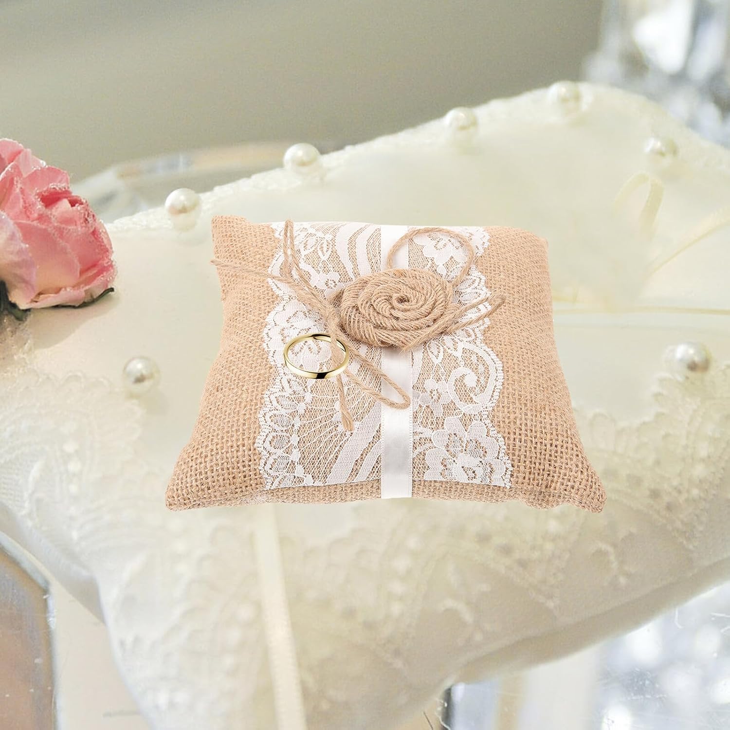 Gadpiparty Rustic Burlap Wedding Ring Pillow Cushion, Linen Bridal Ring Bearer Pillow with Lace Accent for Ceremony and Party Supplies