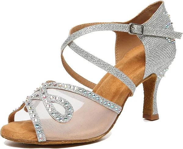 ZengyeZoo Womens Comfortable Ballroom Dance Shoes Rhinestones Pattern Wedding Sandals