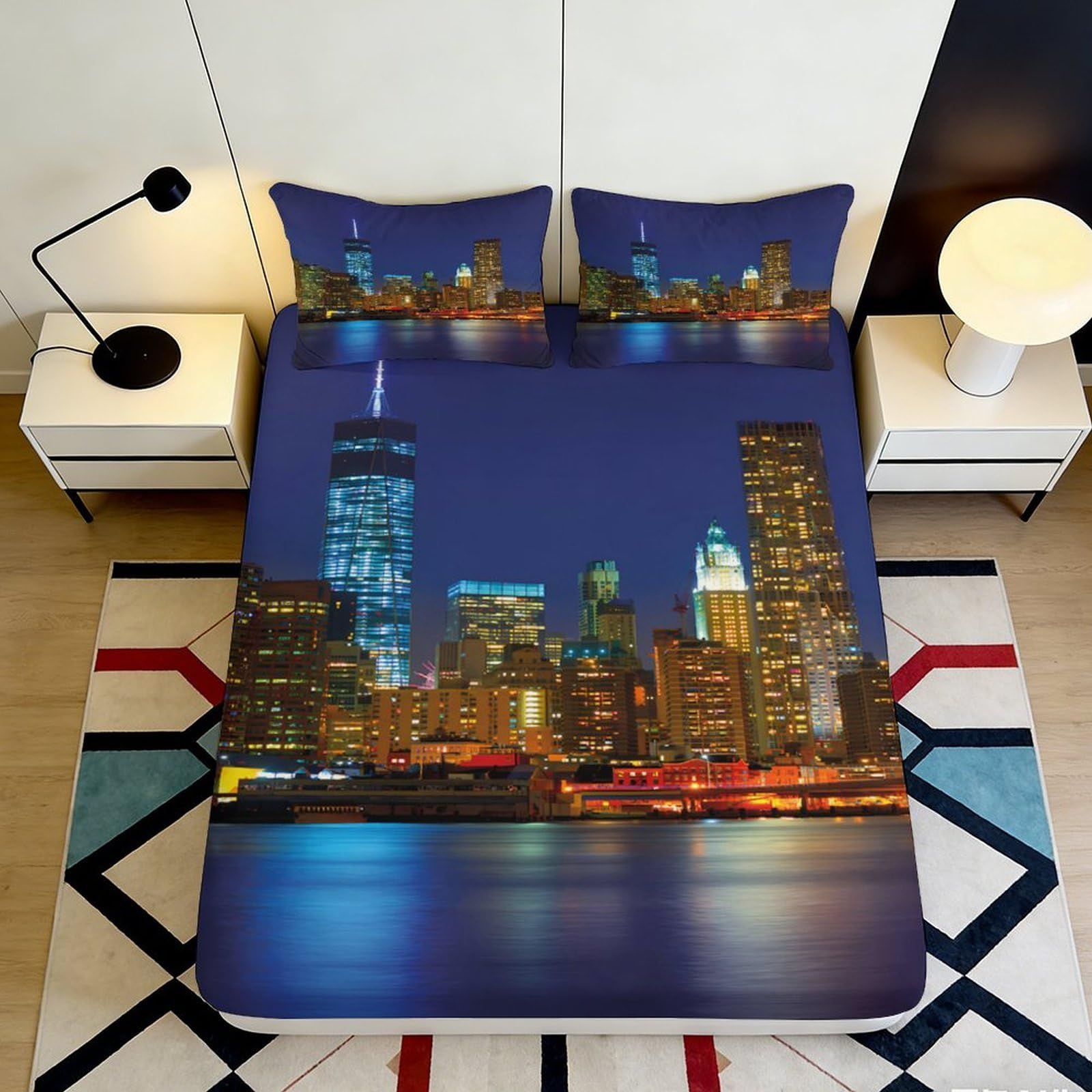 3D Printed Night Cityscape Fitted Sheet Microfiber Soft Breathable Urban Skyline Bed Cover for Bedroom Dormitory Guest Room Mattress Protection Decor 90x200x25cm