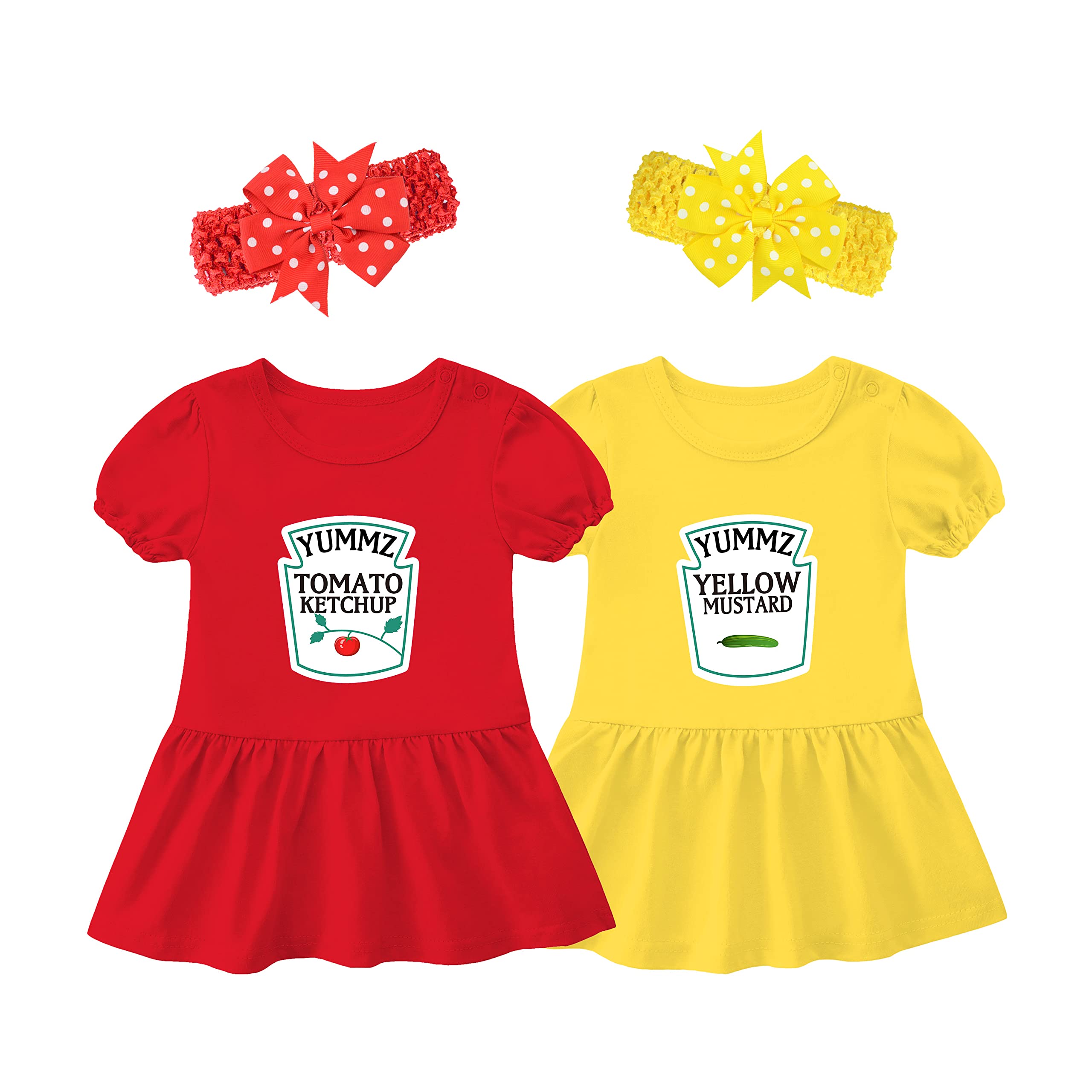 YSCULBUTOL Baby Twins Bodysuit Ketchup Mustard Newborn Girl Matching Outfits Sister Dresses Infant Romper With Headband Set
