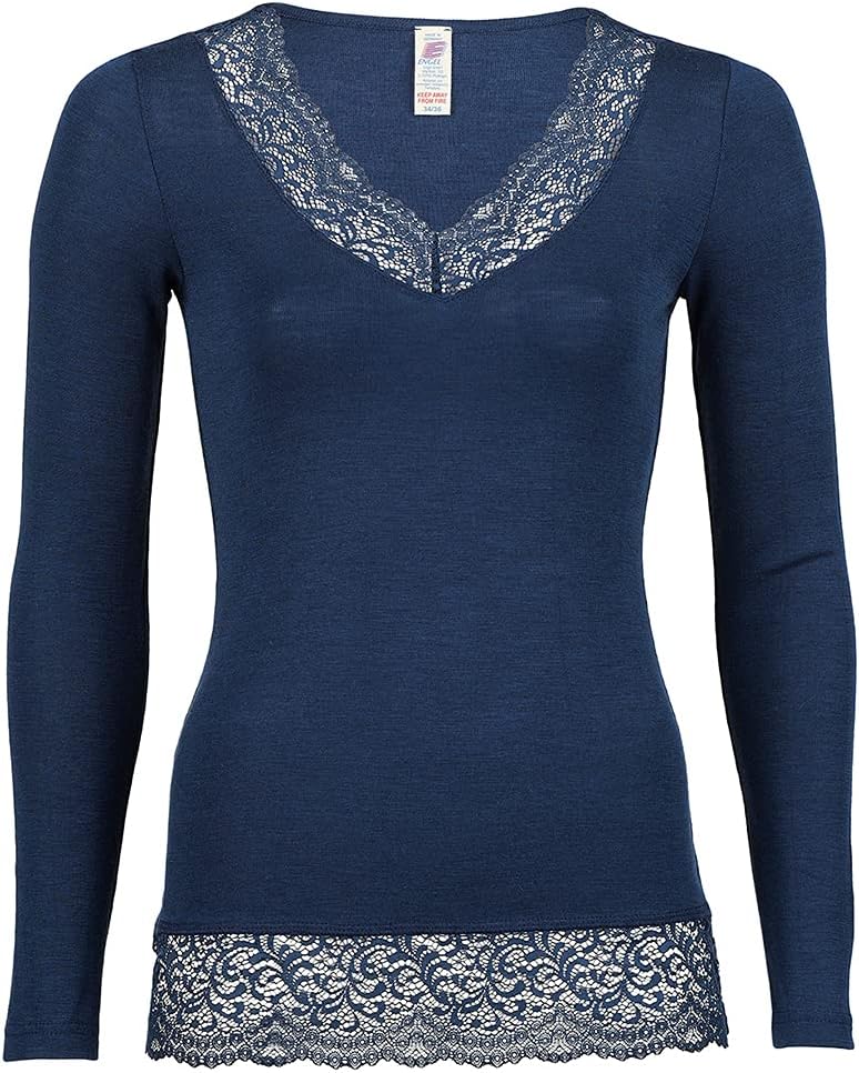 Women's Thermal Base Layer Top – Long Sleeve Moisture Wicking Merino Wool Silk Shirt with Lace Detail