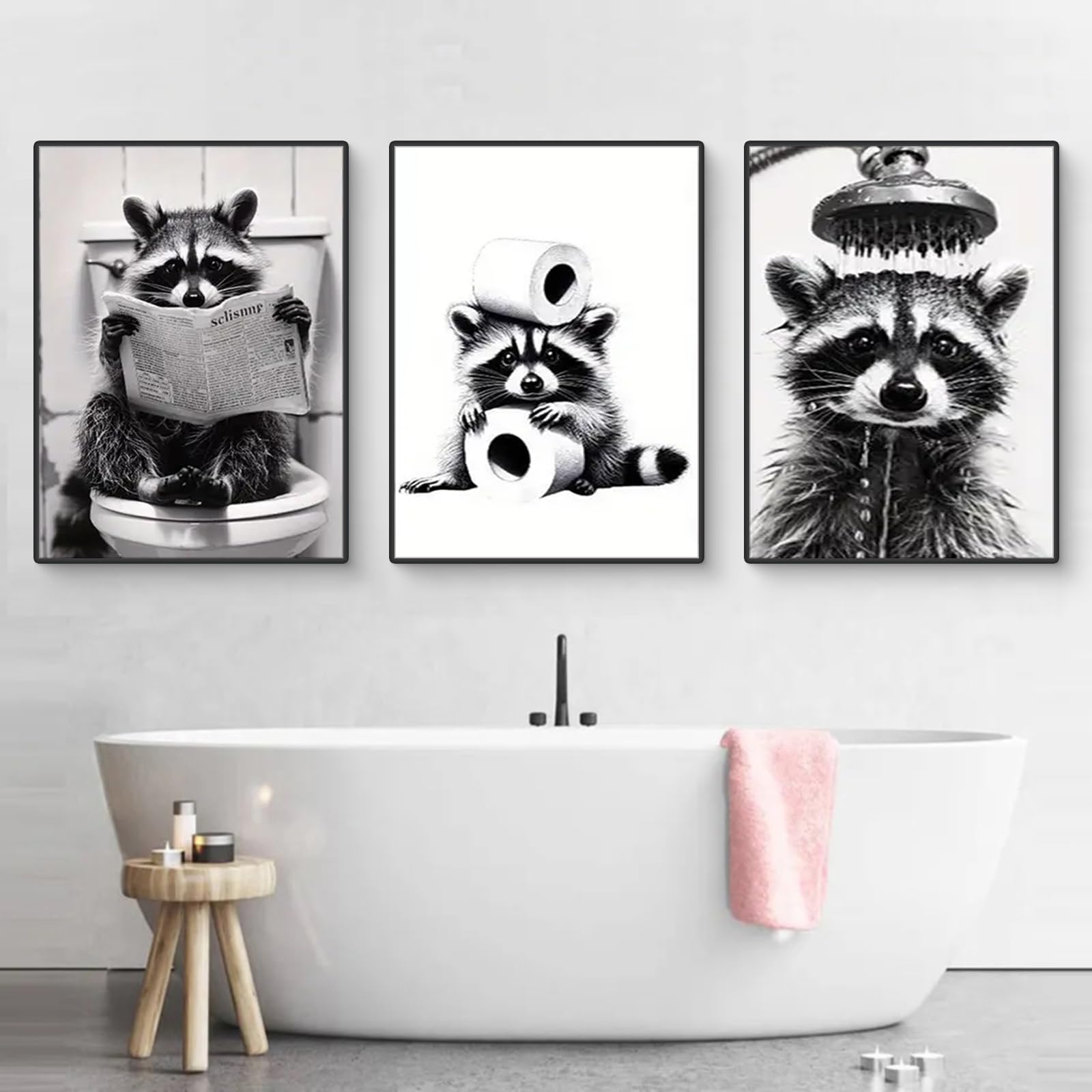 Uixxducc 3er Schwarz-Weiß Raccoon Badezimmer Dekor Bilder Set, Minimalist Tiere in der Badewanne Poster Set, Lustige Waschbär Wandbilder Wohnzimmer Bad Wanddekoration, Ohne Rahmen (30x40cm,A)