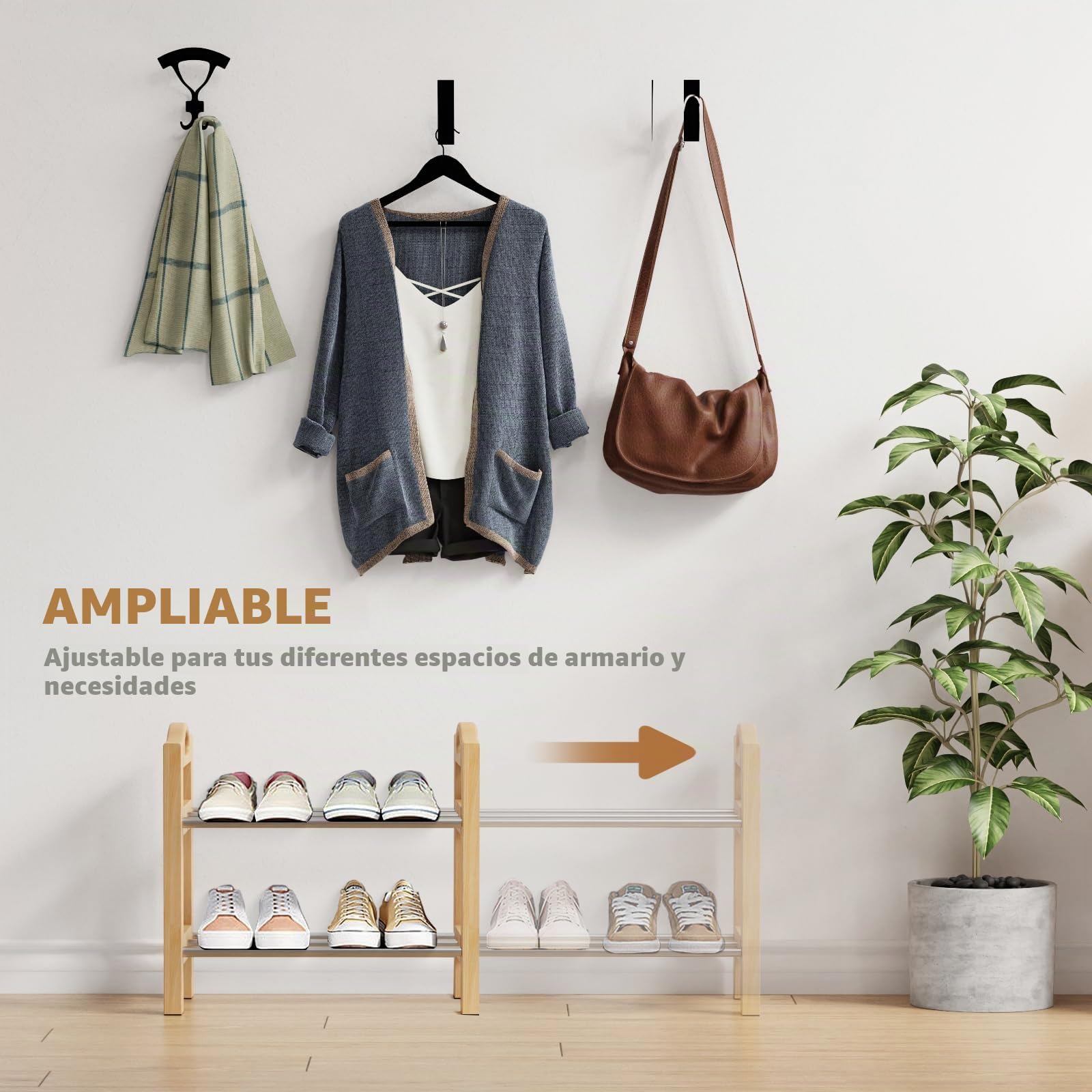 LEMIKKLE Organizador de zapatos de madera expandible para entrada, zapatero de acero inoxidable de 2 niveles, organizador de almacenamiento y organización, montaje simple, tamaño máximo (32-18-9.4