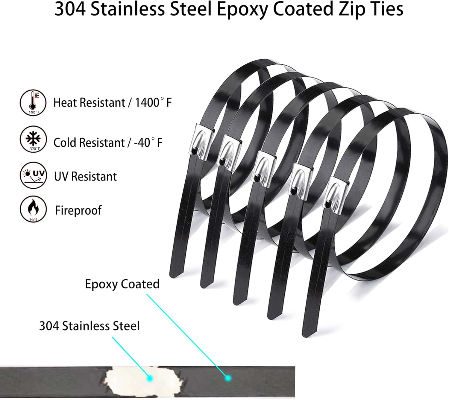 60 Inch Extra Long Metal Zip Ties Black 20PCS Premium Heavy Duty Stainless Steel Epoxy Coated Cable Wire Ties Multi Purpose Self-locking Cable Ties used for vehicles, machinery, outdoor, etc