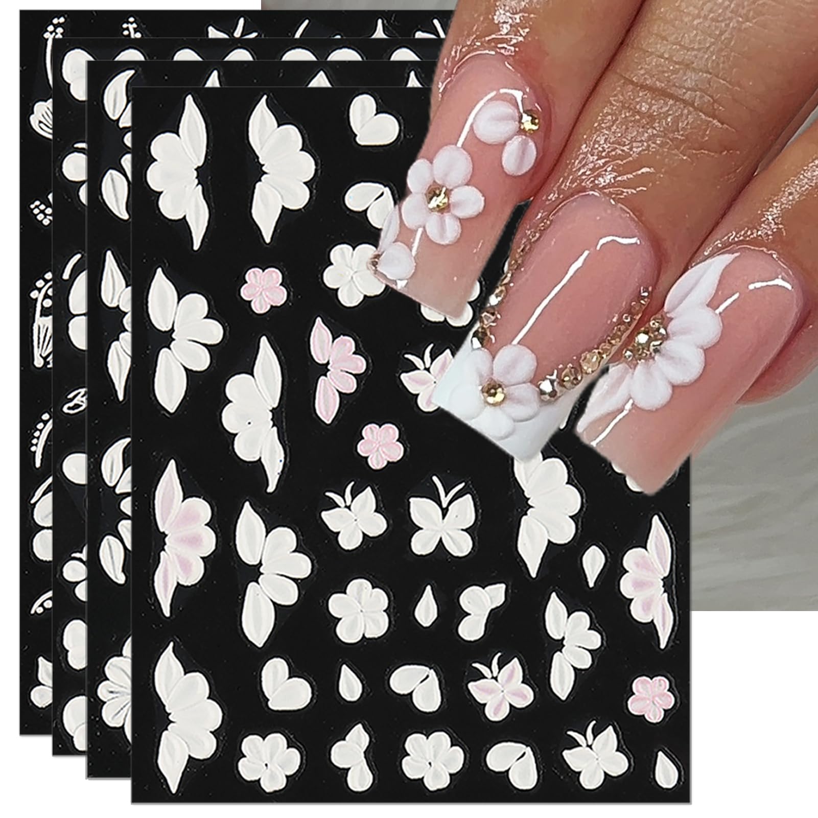 IDDFEVE Embossed Flower Nail Art Stickers - White Floral Butterflies Self-Adhesive 5D Nail Decals for DIY Spring Summer Manicure (4 Sheets)