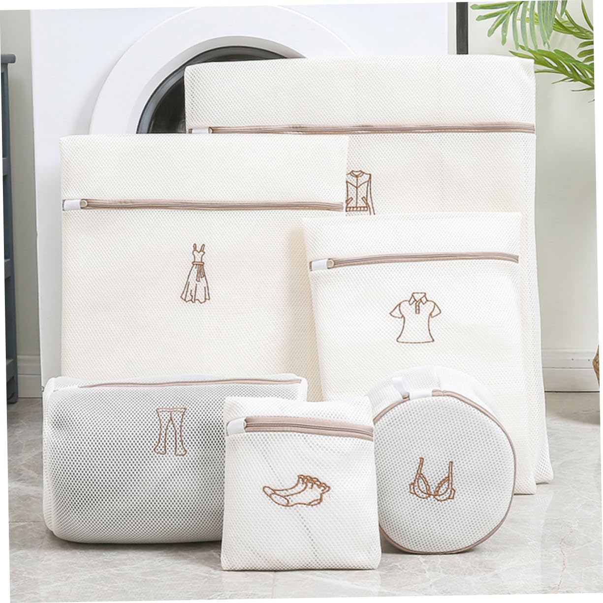 Wäschebeutel 6 Stück aus Polyester, Feines Netz, Beige