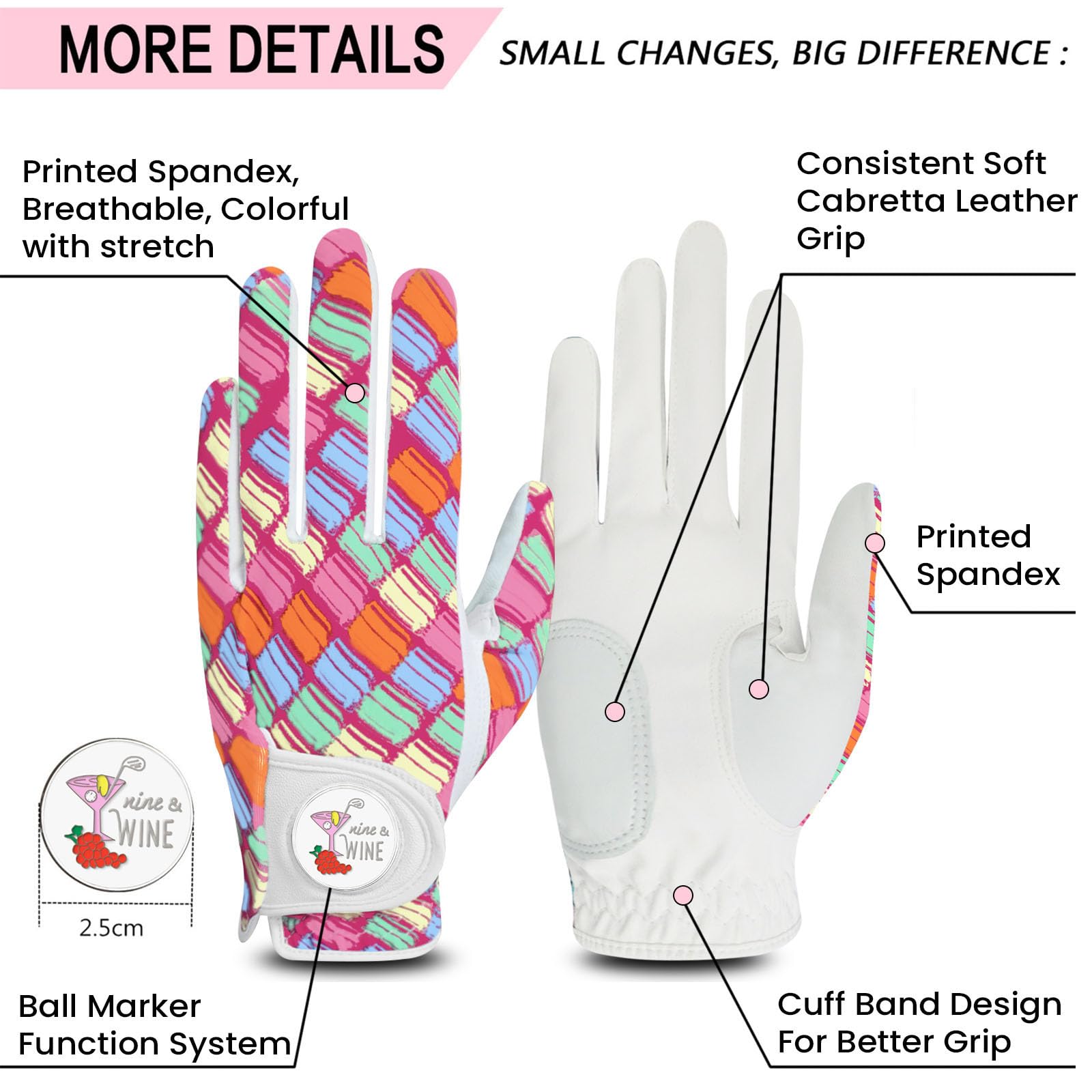 GKandi Women Golf Gloves Right Handed Golfer Left Hand Glove Grip Soft Breathable All Weather Printed Pattern 1 Pack with Ball Marker for Ladies Size S M L (Square, Medium)