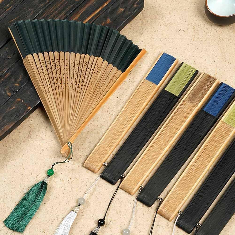 Seide Faltfächer Bambus Handfächer Chinesischer Vintage Stil taschenfächer Hohlem Bambus Skelettfächer Handheld Fan mit Quasten für Party Hochzeit Geschenk 21cm Grüner Farbverlauf 15#
