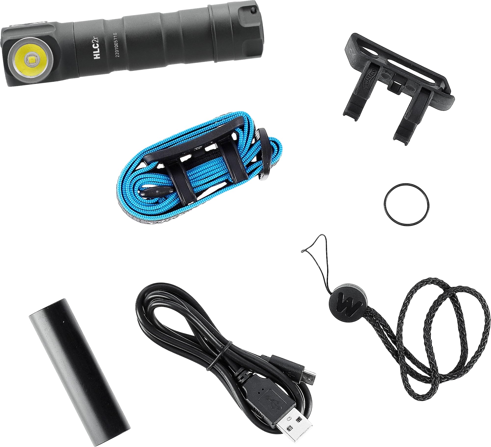 Walther HLC2r Lampe frontale rechargeable USB IPX6 étanche avec batterie 18350, câble de charge, clip MOLLE, dragonne et joint de rechange